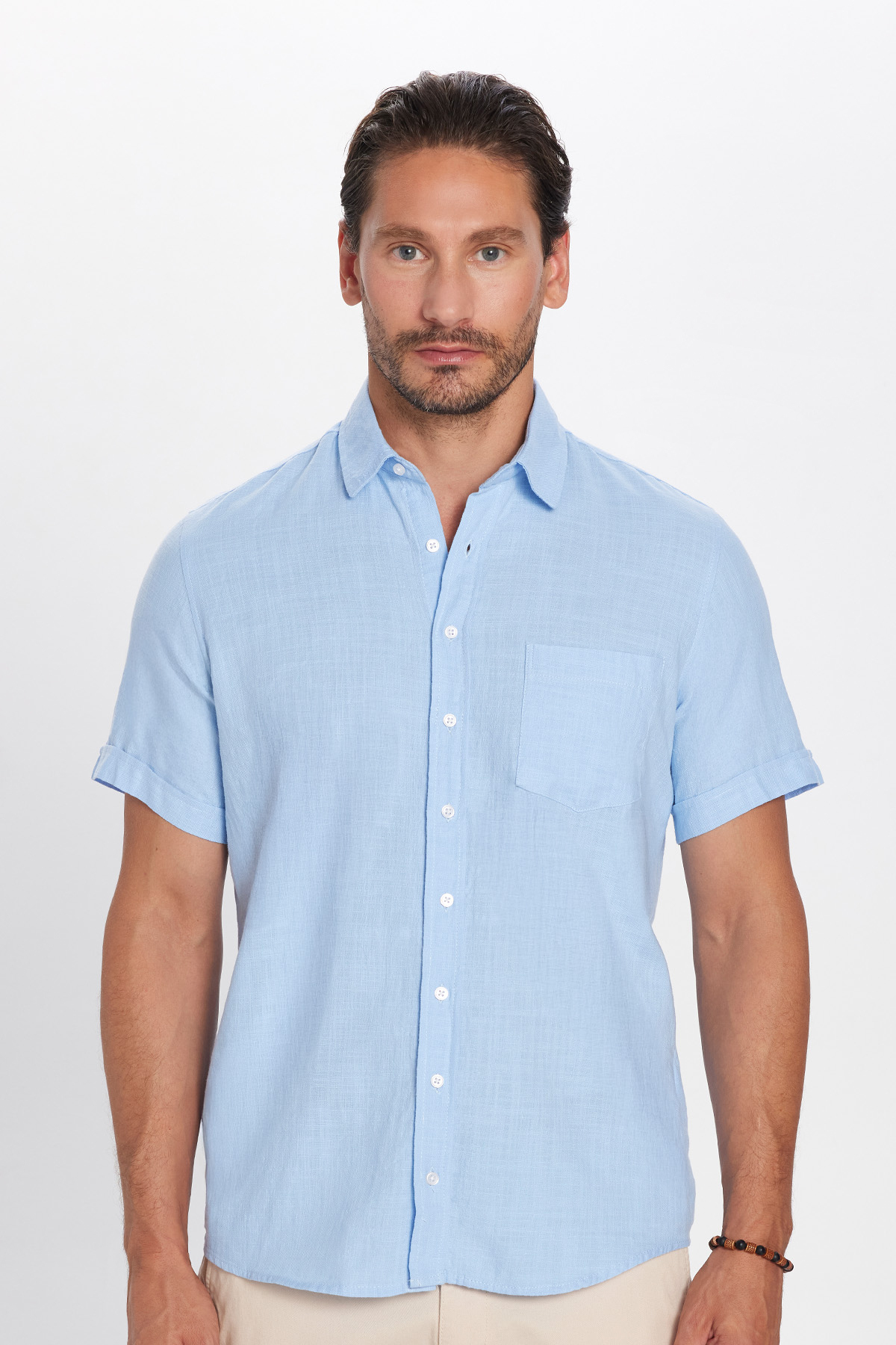 Erkek Regular Fit Klasik Kesim Oversize %100 Pamuk Keten Doku Cepli Mavi Gömlek — آبی KL230018-7800 — تصویر 5 از 6