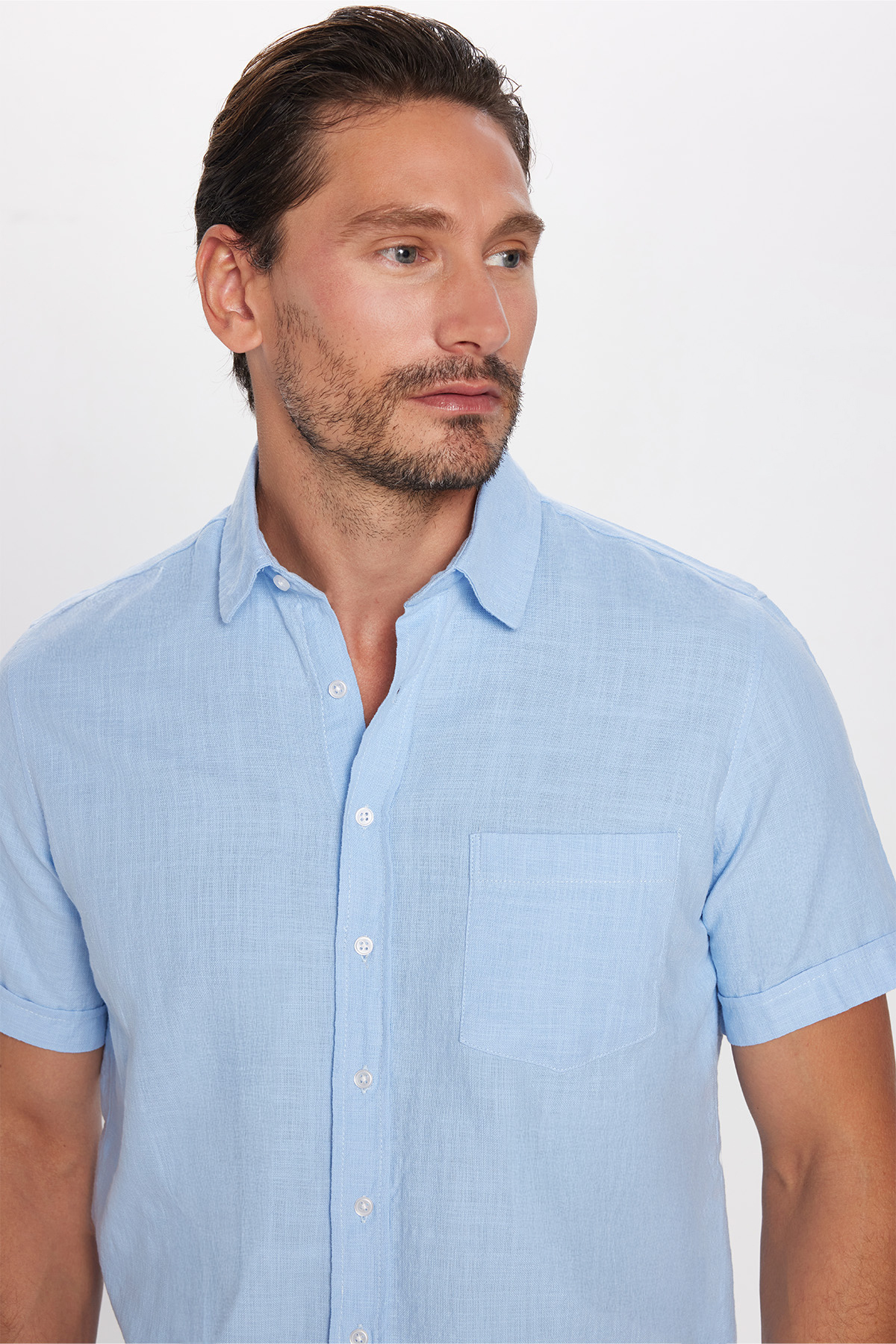 Erkek Regular Fit Klasik Kesim Oversize %100 Pamuk Keten Doku Cepli Mavi Gömlek — آبی KL230018-7800 — تصویر 3 از 6