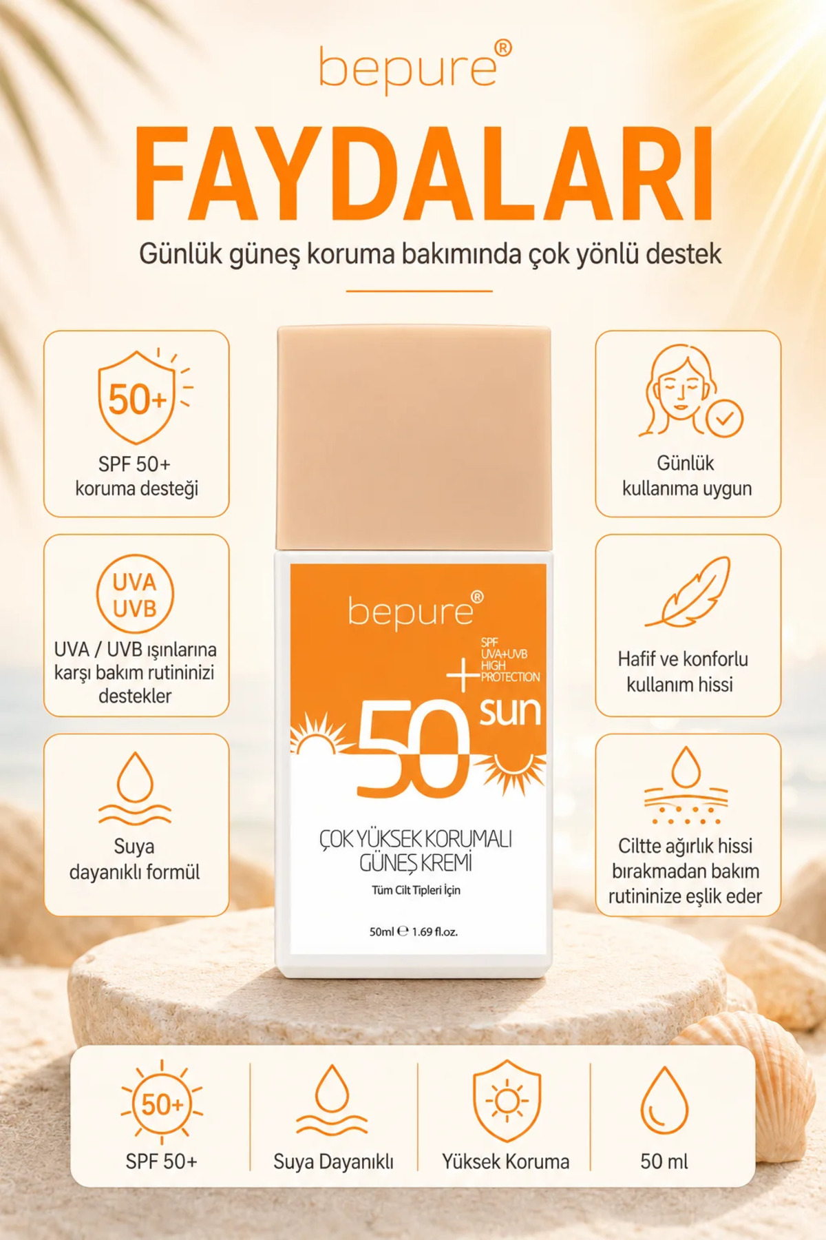 Ton Eşitleyici Güneş Kremi 50 Spf Leke Karşıtı, Kolajen, Hyaluronic Asit Destekli Güneş Kremi 50 ml — BEPRE01 — تصویر 4 از 5
