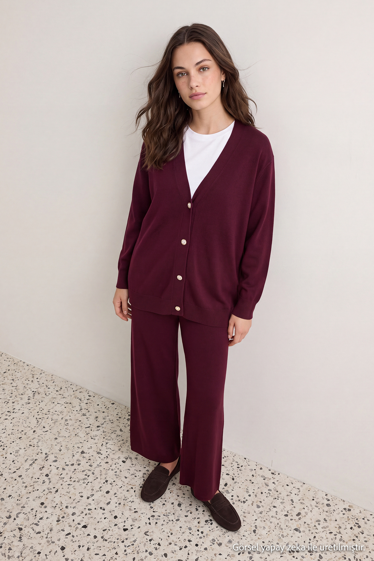Trendyol Modest Burgundy Pearl Regular Single Plate Plain Knitwear Hijab Bottom - Top Set Tctaw24Us00037