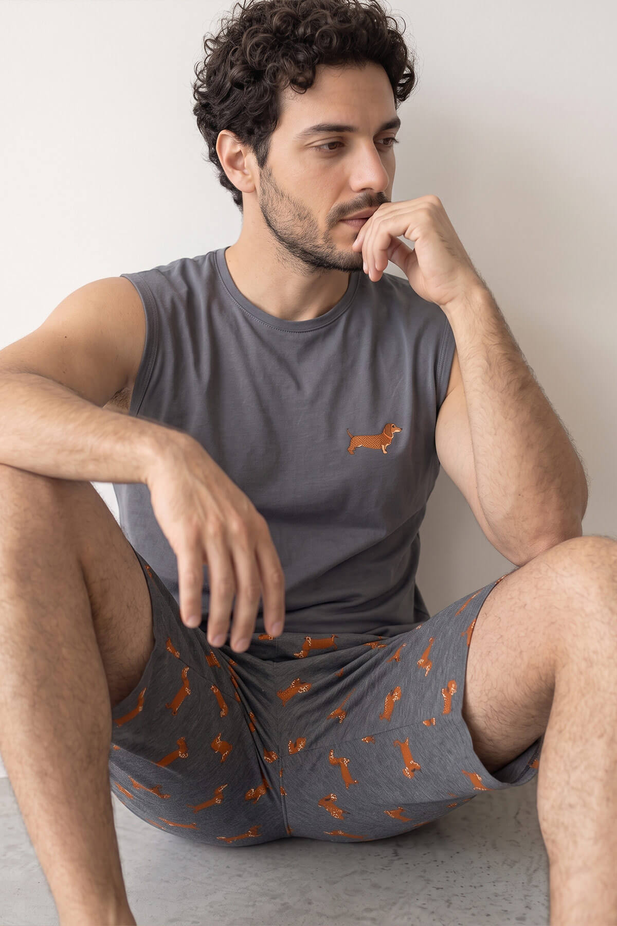 Pijamaevi Füme Dasch Baskılı Sıfır Kol Şortlu Erkek Pijama Takımı