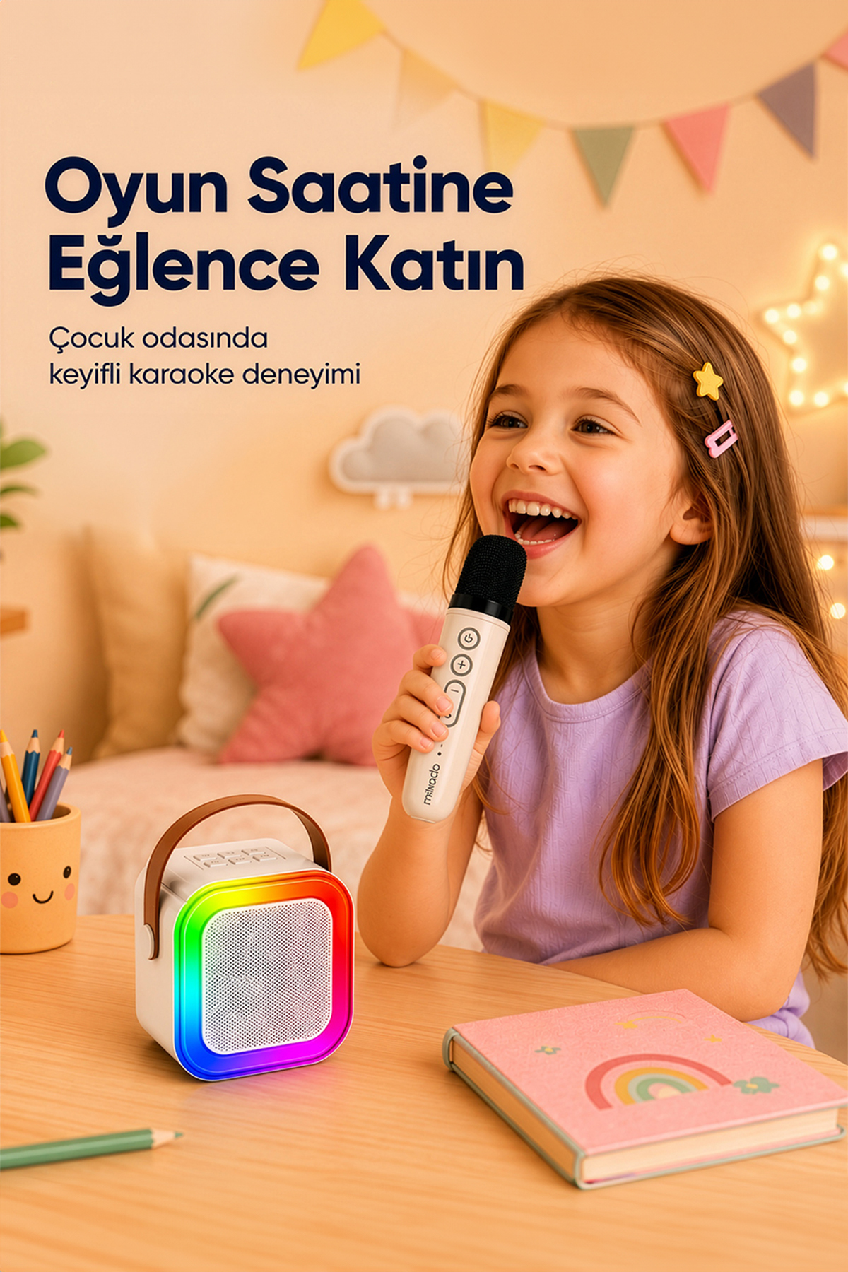 MD-27BT Naos Krem USB+TF+Bluetooth Wireless Karaoke Mikrofonlu 5W 800mAh Taşınabilir Speaker 9