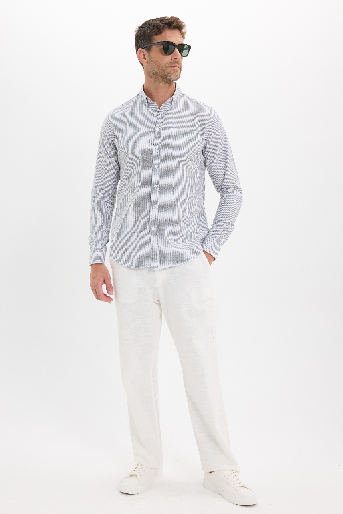 پیراهن تودورز مردانه کتان پنبه ای مشکی  راه راه Slim Fit/اسلیم فیت    آستین بلند کژوال/روزمره | Tudors DR250031-3325 TR - تصویر 3