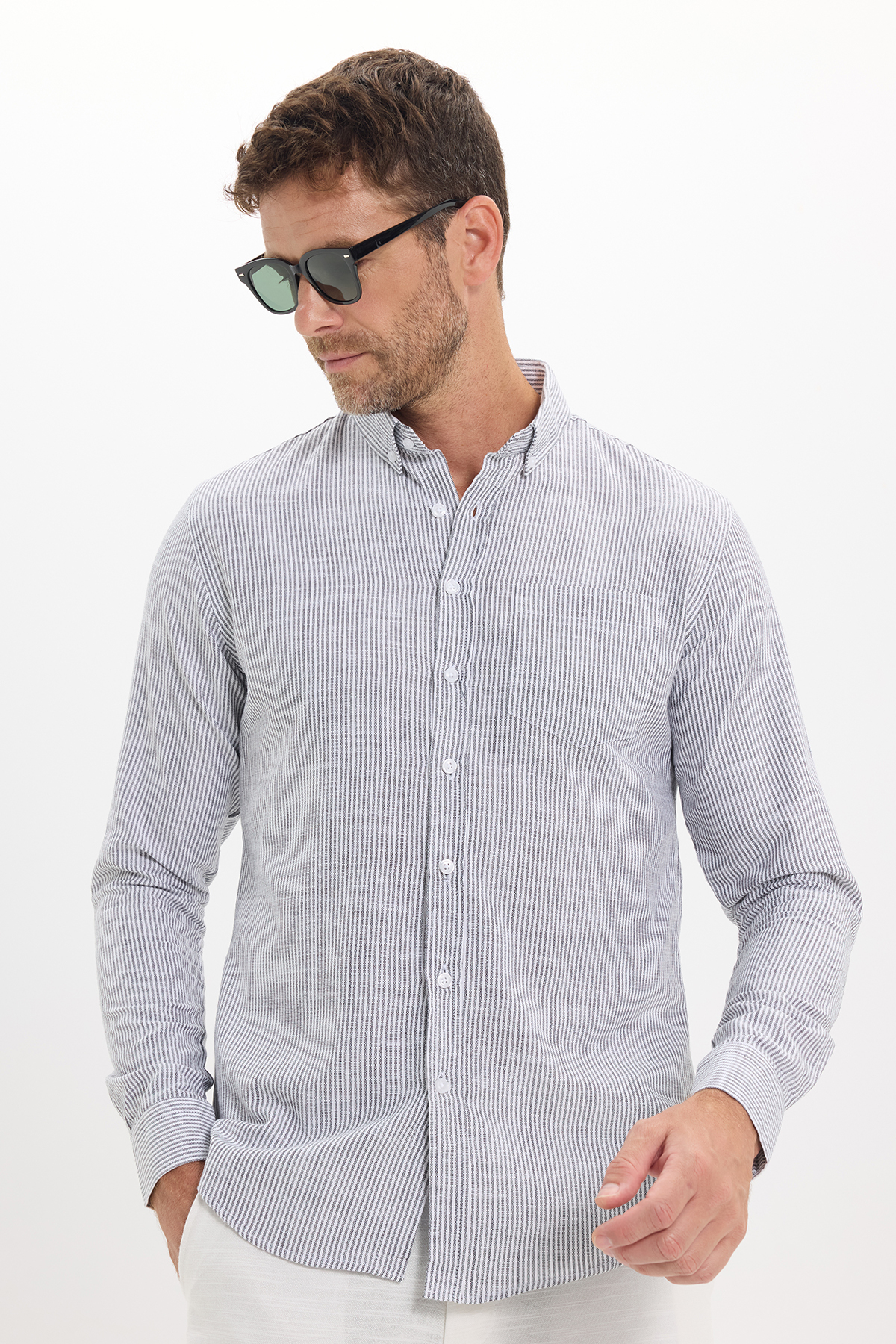 پیراهن تودورز مردانه کتان پنبه ای مشکی  راه راه Slim Fit/اسلیم فیت    آستین بلند کژوال/روزمره | Tudors DR250031-3325 TR - تصویر 5