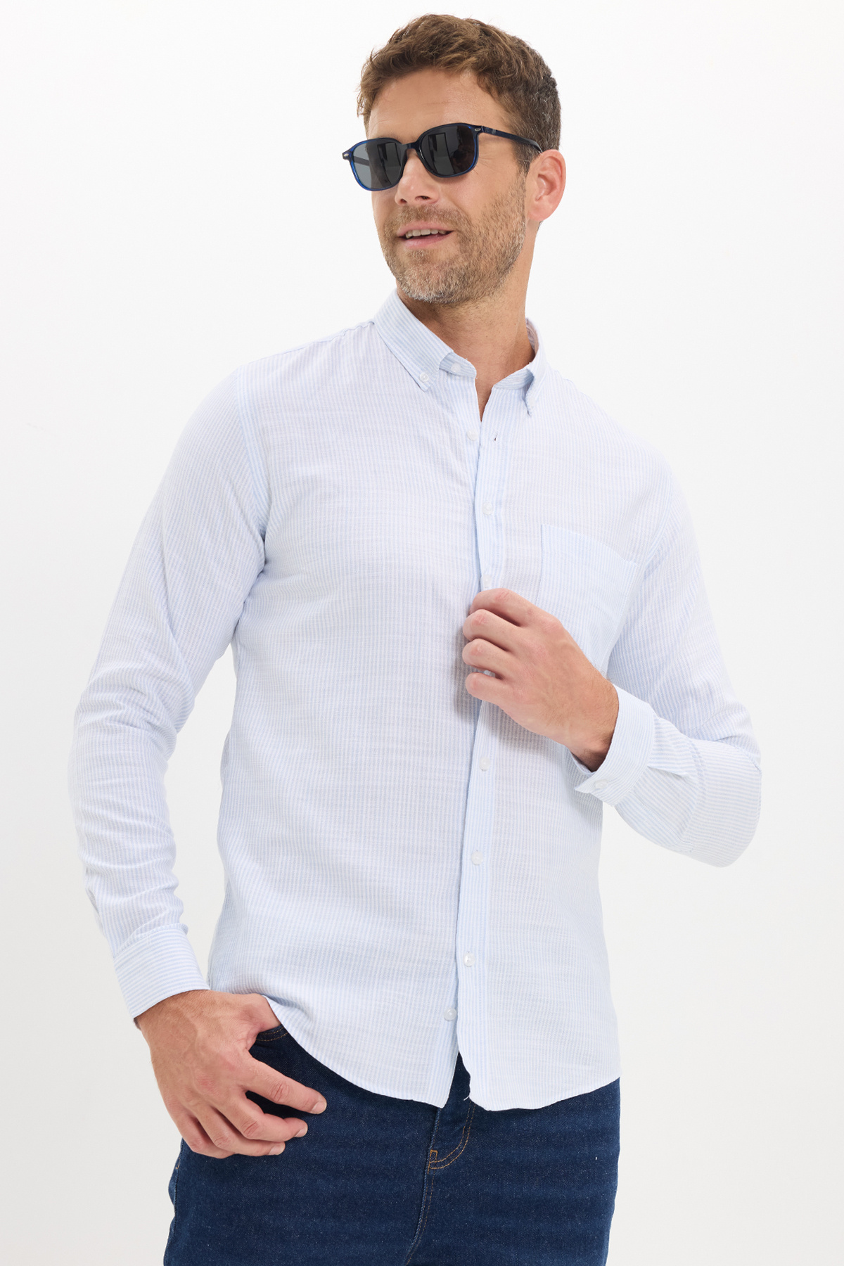 پیراهن تودورز مردانه کتان پنبه ای آبی کژوال / روزمره راه راه Slim Fit/اسلیم فیت    Slim/اسلیم فیت کژوال/روزمره | Tudors DR250031 TR - تصویر 4