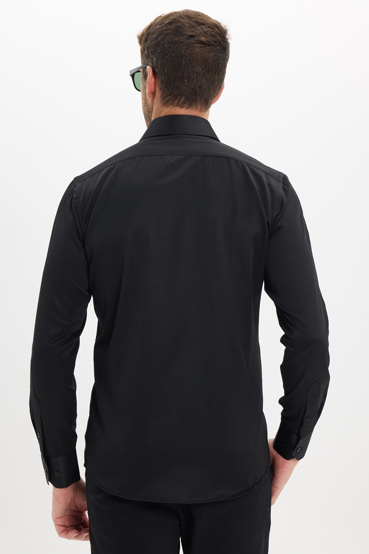 Erkek Modern Slim Fit Düz Saten Pamuklu Siyah Gömlek — مشکی MD210001-142 — تصویر 9 از 9