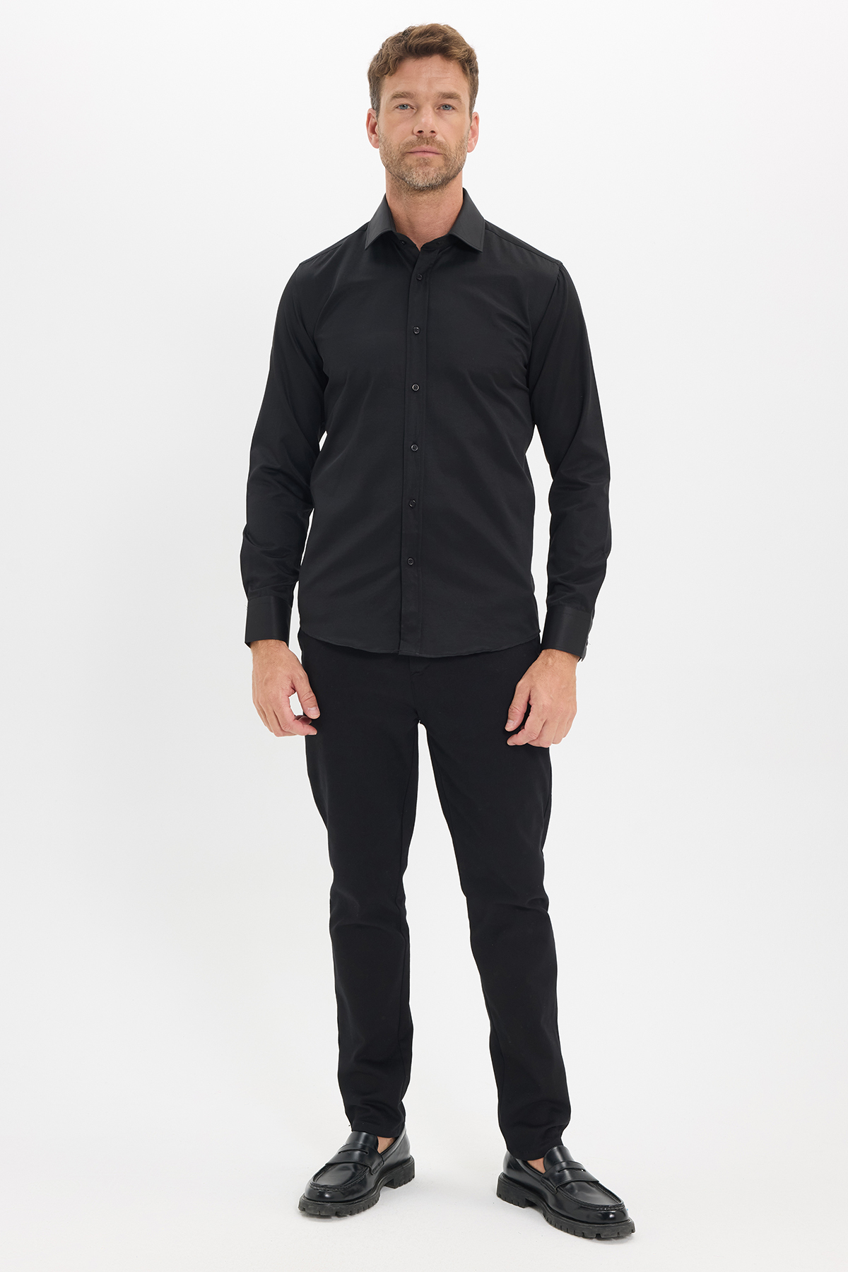 Erkek Modern Slim Fit Düz Saten Pamuklu Siyah Gömlek — مشکی MD210001-142 — تصویر 3 از 9