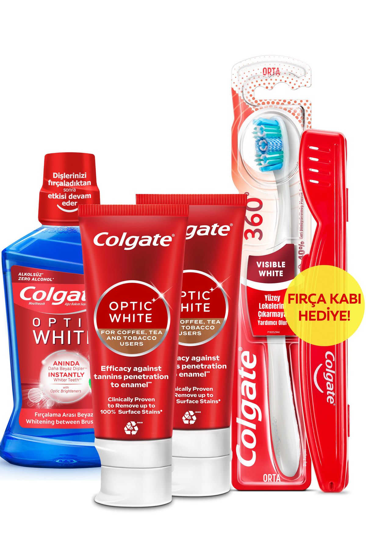 Colgate Optic White Kahve, Çay Kullananlar 50 ml 2'li Diş Macunu, Orta Diş Fırçası, Ağız Bakım Suyu 500 ml ürün görseli