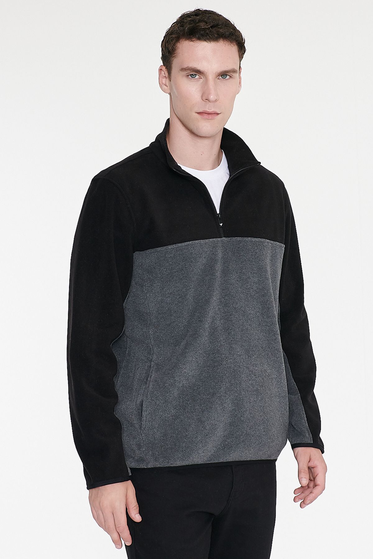 AC&Co / Altınyıldız Classics Erkek Siyah-Açık Melanj Anti-Pilling Tüylenme Yapmayan Standart Fit Dik Yaka Polar Sweatshirt görsel 3