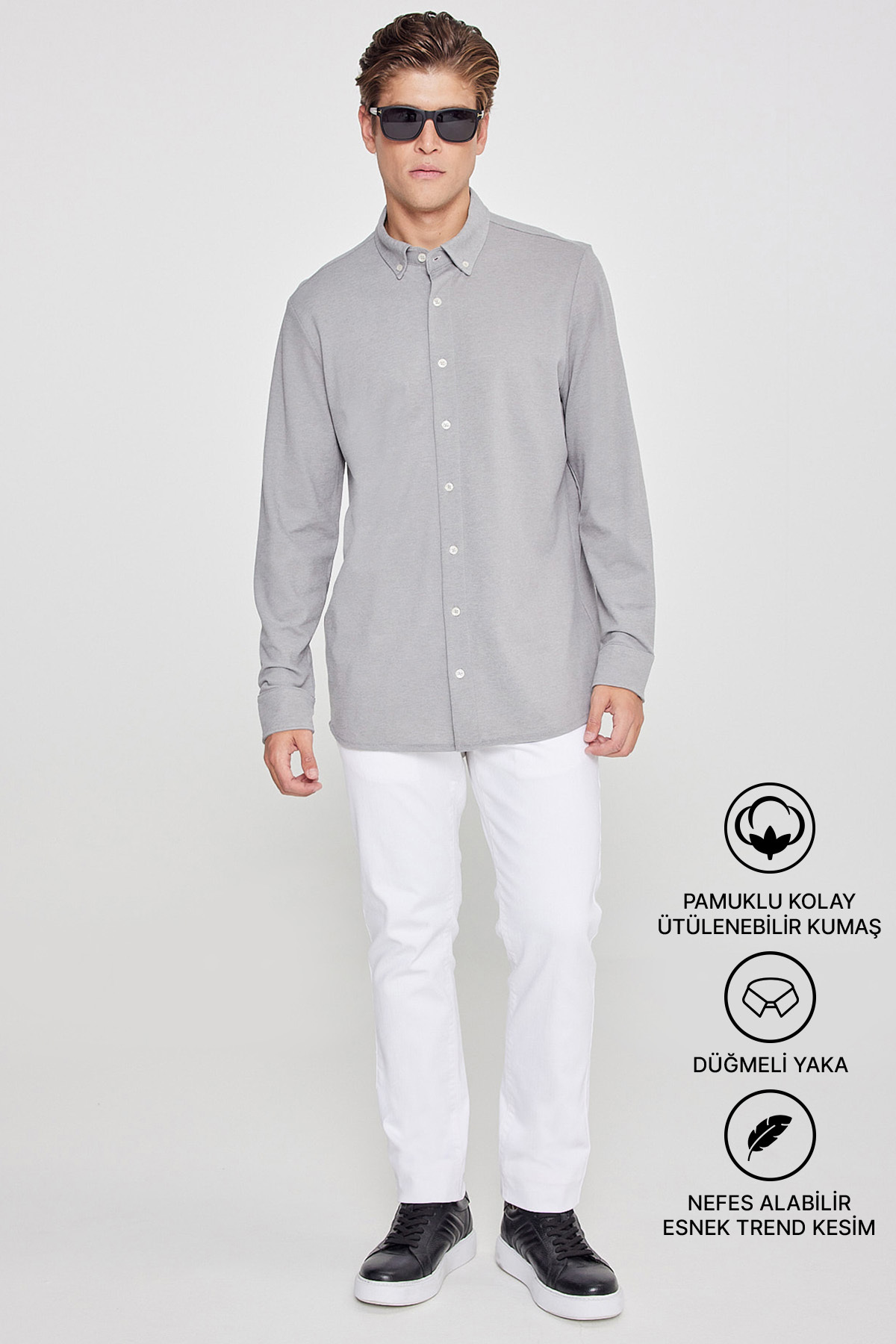 AC&Co / Altınyıldız Classics Erkek Gri Nefes Alabilir Esnek Pamuklu Tailored Slim Fit Dar Kesim Düğmeli Yaka Örme Gömlek