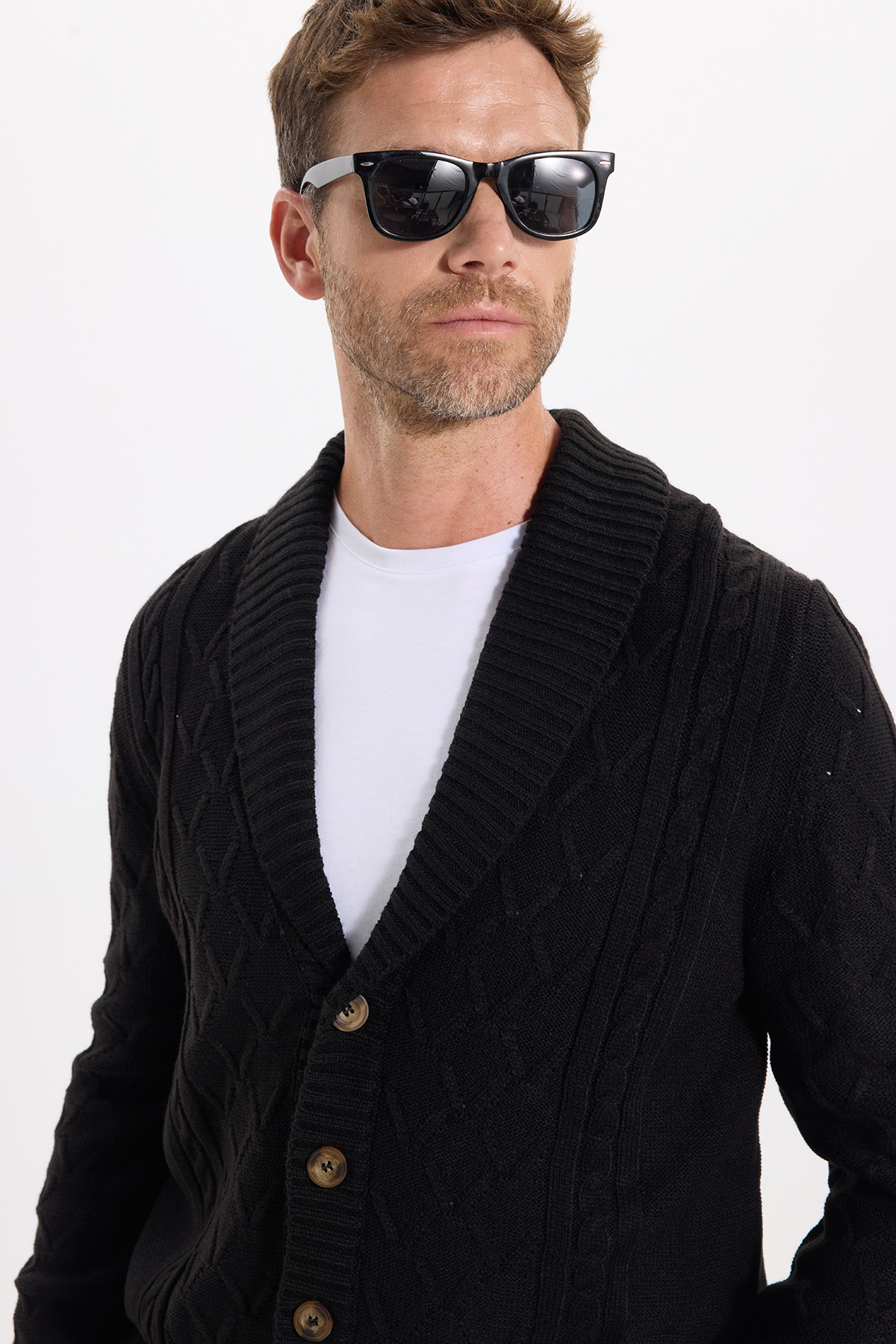 Erkek Slim Fit Dar Kesim Desenli Yumuşak Dokulu Düğmeli Siyah Hırka — مشکی HR240005-84 — تصویر 6 از 9