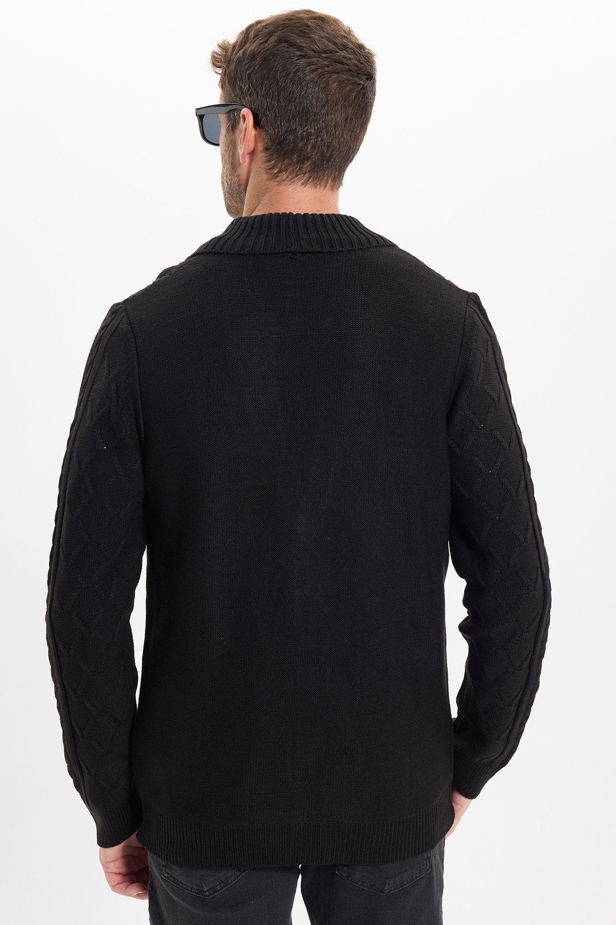Erkek Slim Fit Dar Kesim Desenli Yumuşak Dokulu Düğmeli Siyah Hırka — مشکی HR240005-84 — تصویر 9 از 9