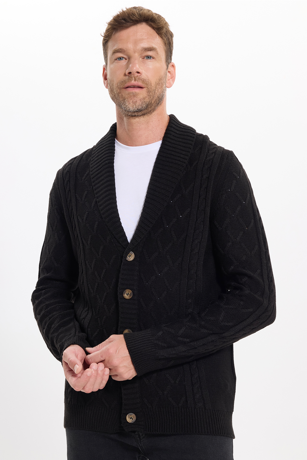 Erkek Slim Fit Dar Kesim Desenli Yumuşak Dokulu Düğmeli Siyah Hırka — مشکی HR240005-84 — تصویر 4 از 9