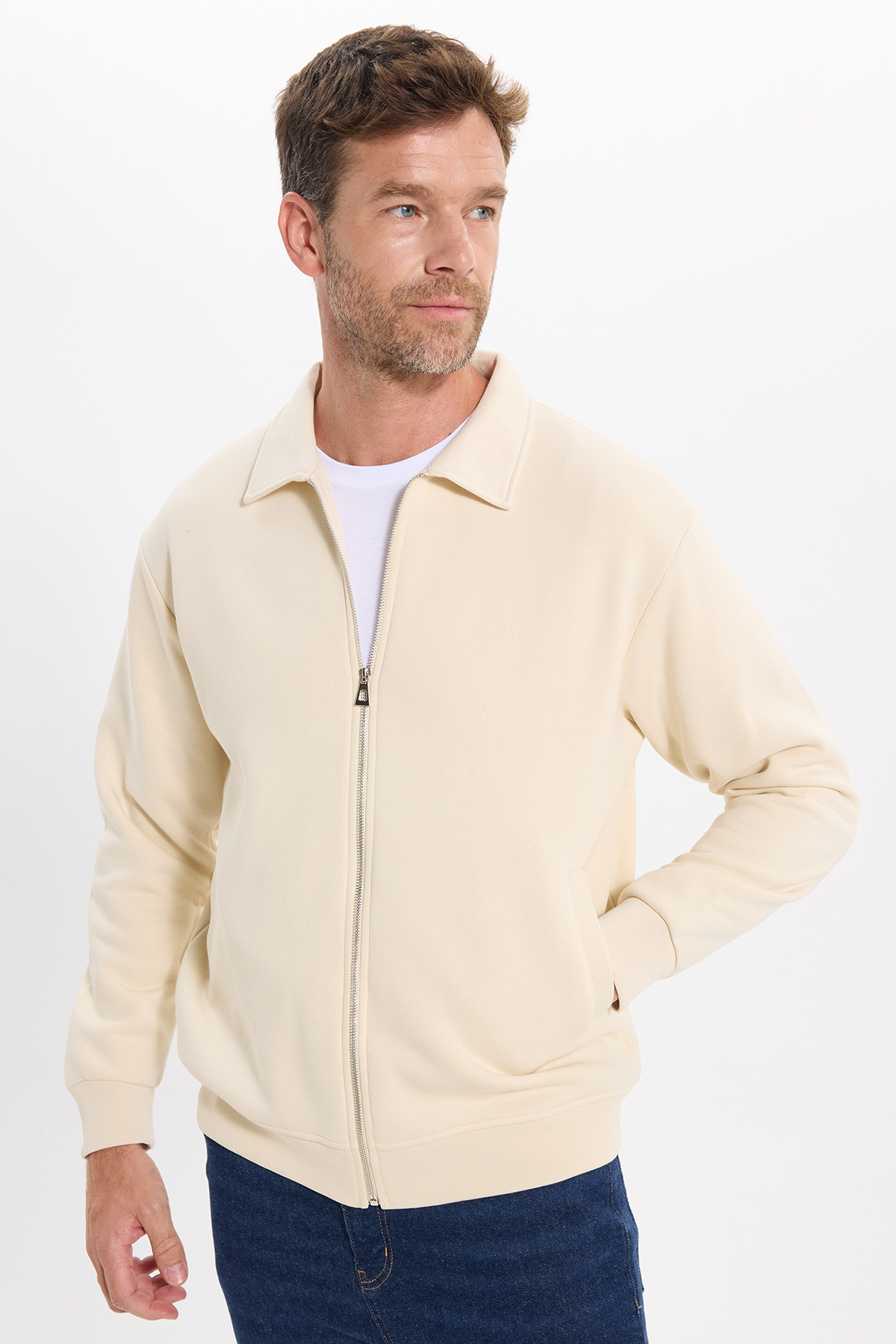 Tudors Unisex Relax Fit Rahat Kesim Pamuklu İç Polarlı Fermuarlı Bej Polo Yaka Flato Cepli Sweatshirt Hırka görsel 6