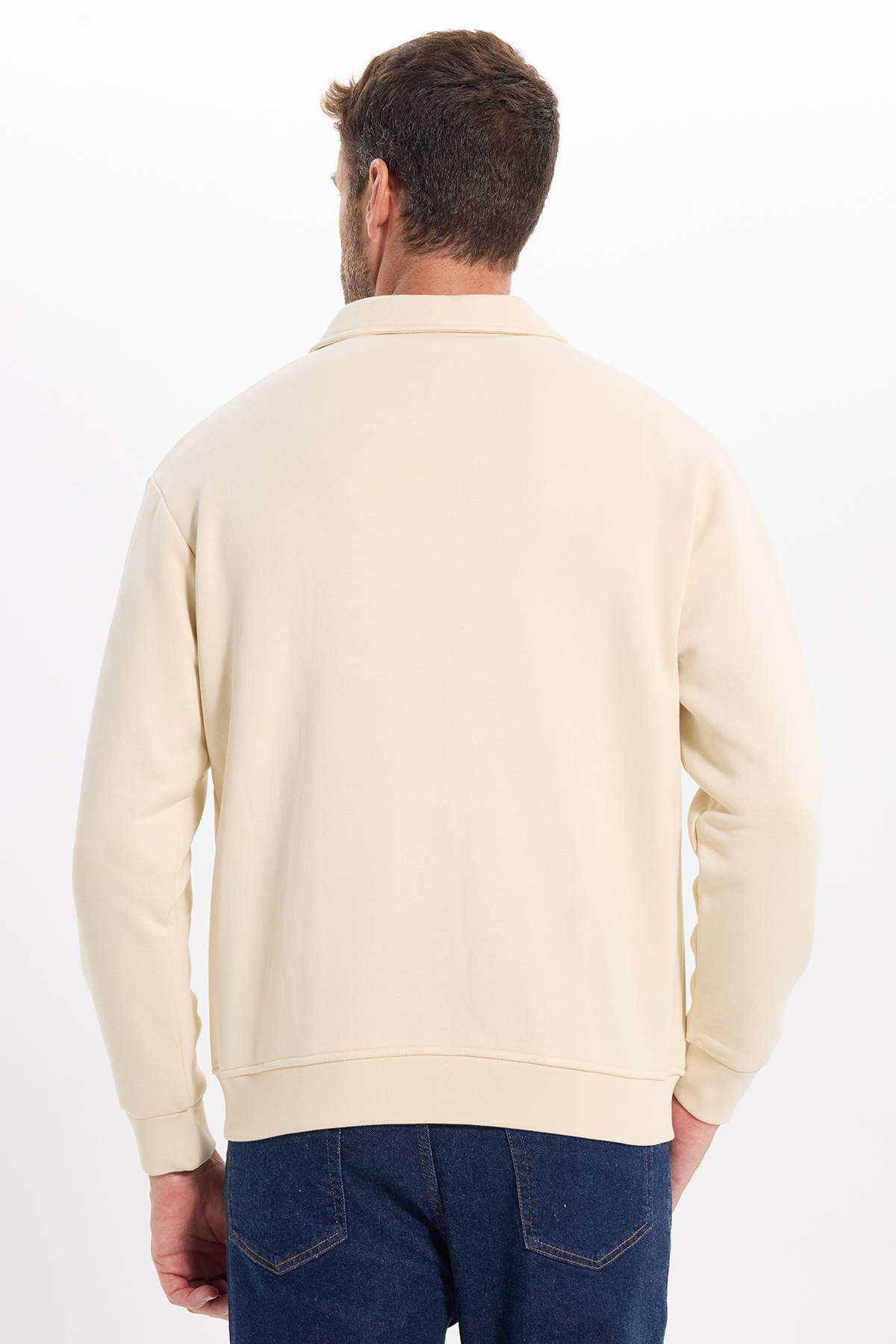 Tudors Unisex Relax Fit Rahat Kesim Pamuklu İç Polarlı Fermuarlı Bej Polo Yaka Flato Cepli Sweatshirt Hırka görsel 8