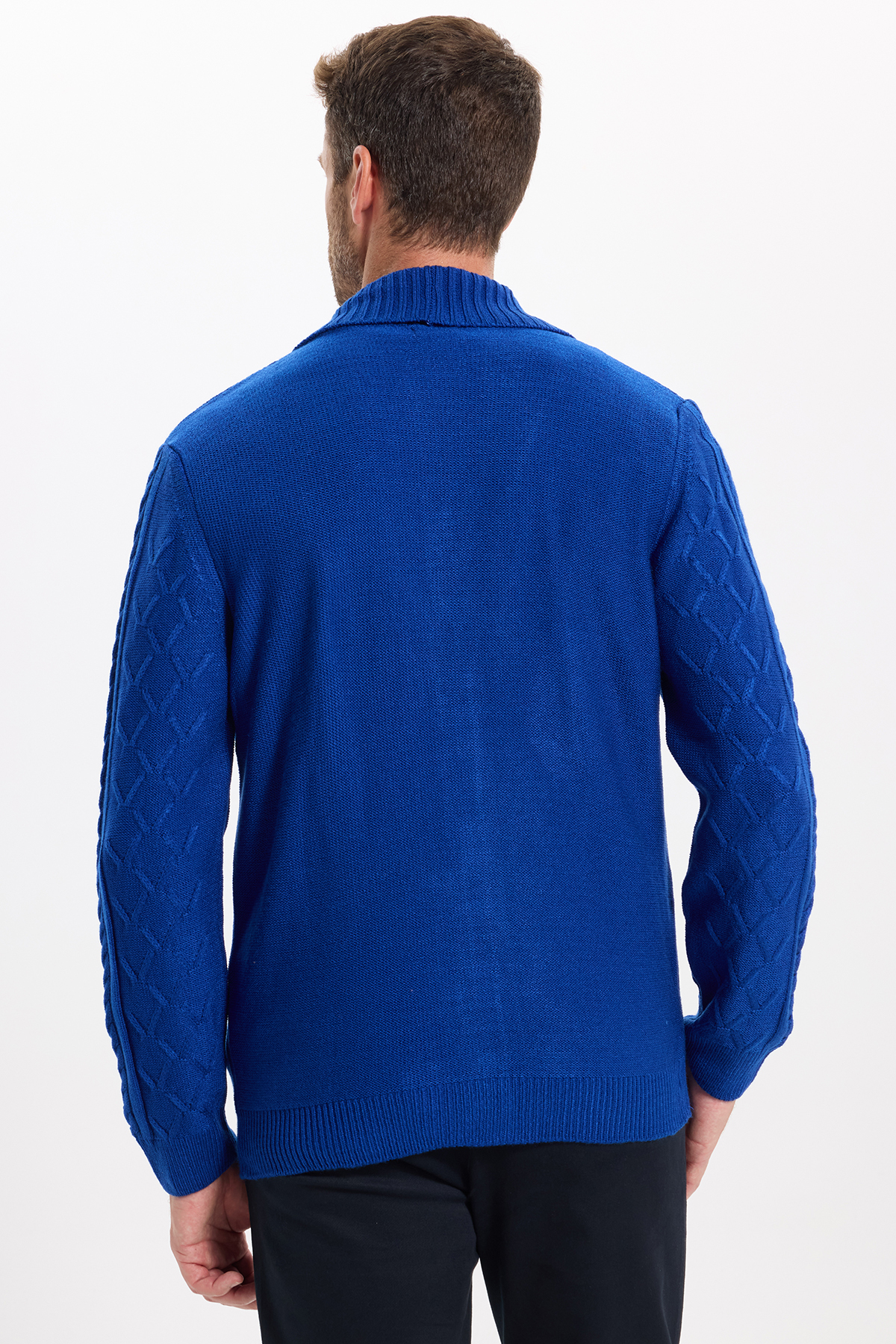 Erkek Slim Fit Dar Kesim Desenli Yumuşak Dokulu Düğmeli Sax Mavi Hırka — سرمه‌ای HR240005-84 — تصویر 8 از 8