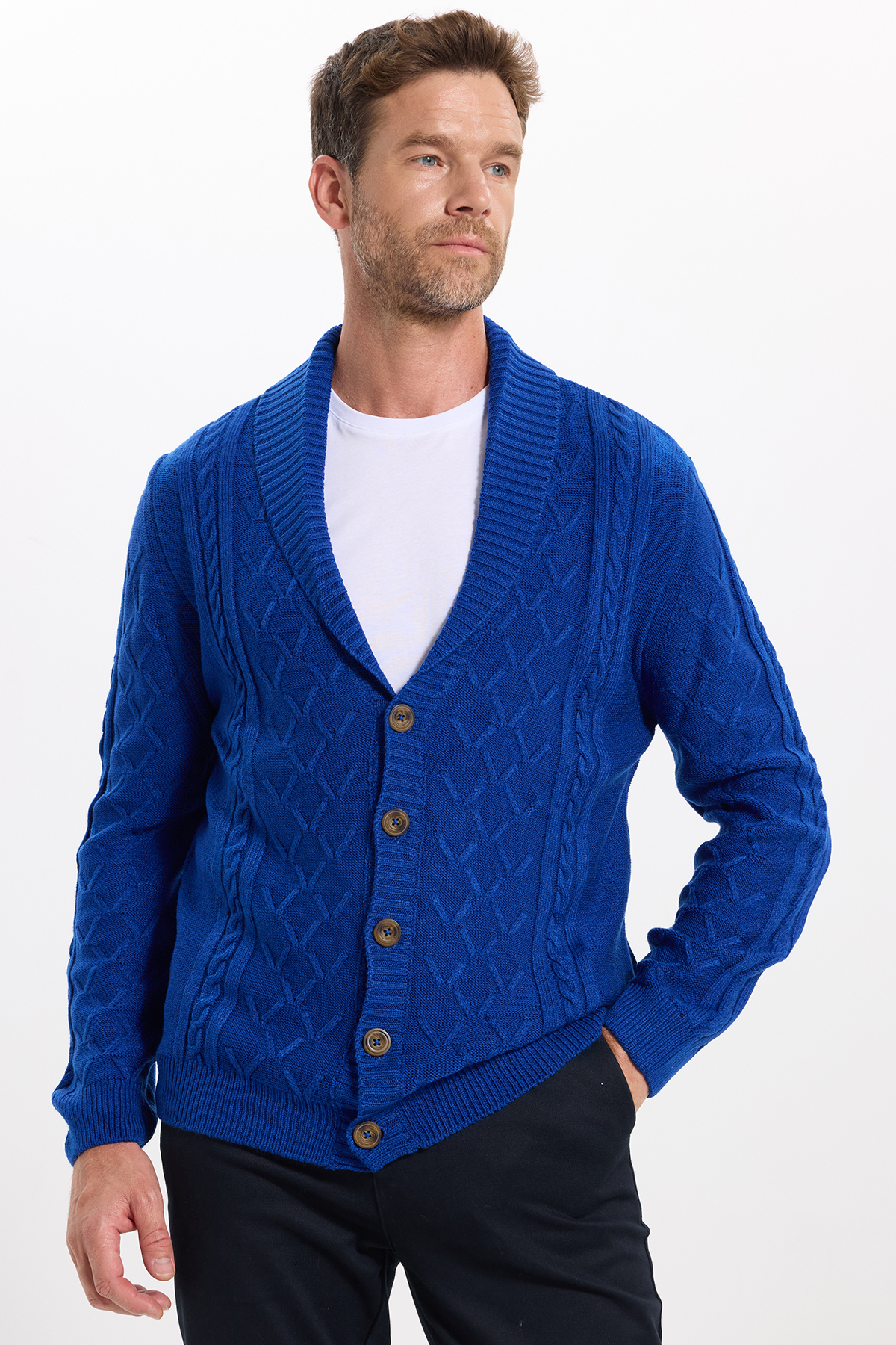 Tudors Erkek Slim Fit Dar Kesim Desenli Yumuşak Dokulu Düğmeli Sax Mavi Hırka — سرمه‌ای HR240005-84