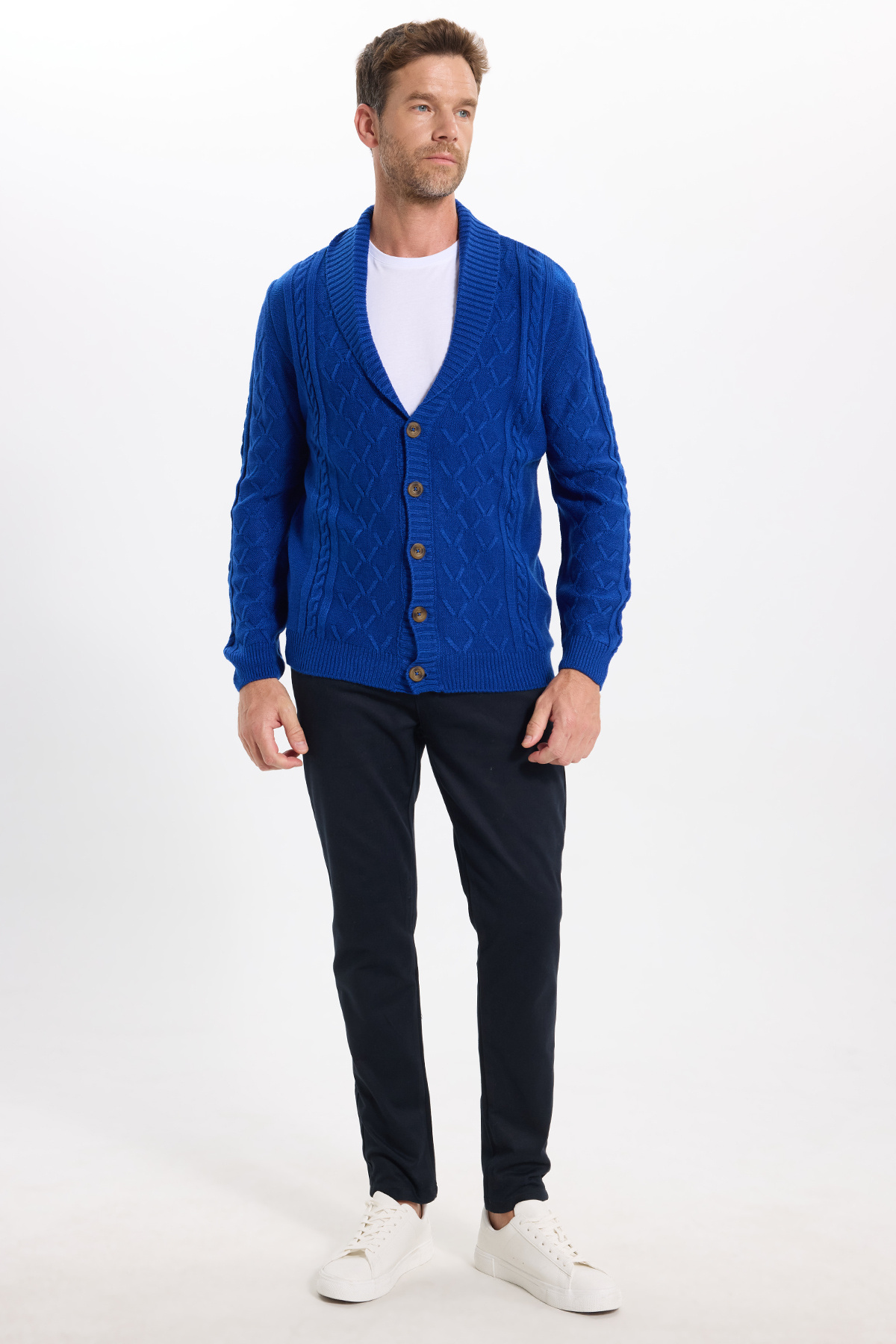 Erkek Slim Fit Dar Kesim Desenli Yumuşak Dokulu Düğmeli Sax Mavi Hırka — سرمه‌ای HR240005-84 — تصویر 2 از 8