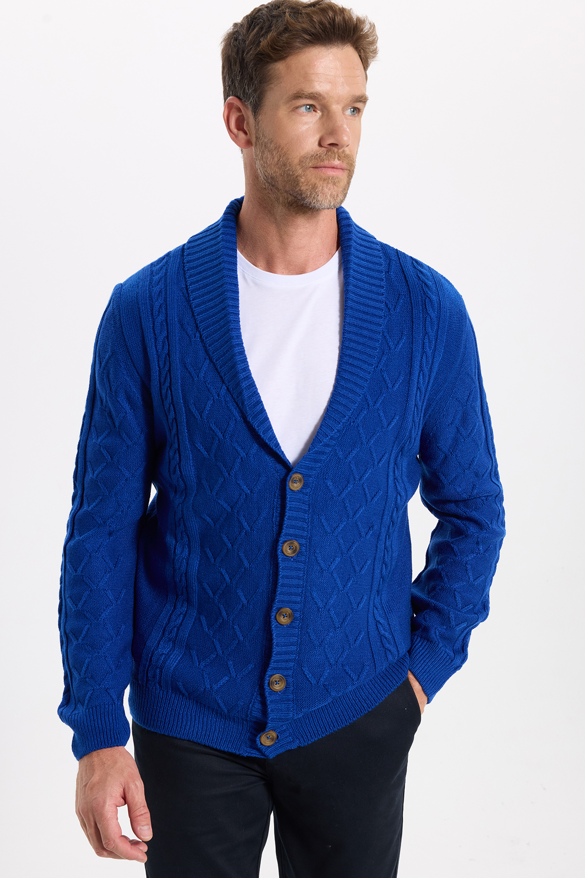 Erkek Slim Fit Dar Kesim Desenli Yumuşak Dokulu Düğmeli Sax Mavi Hırka — سرمه‌ای HR240005-84 — تصویر 7 از 8