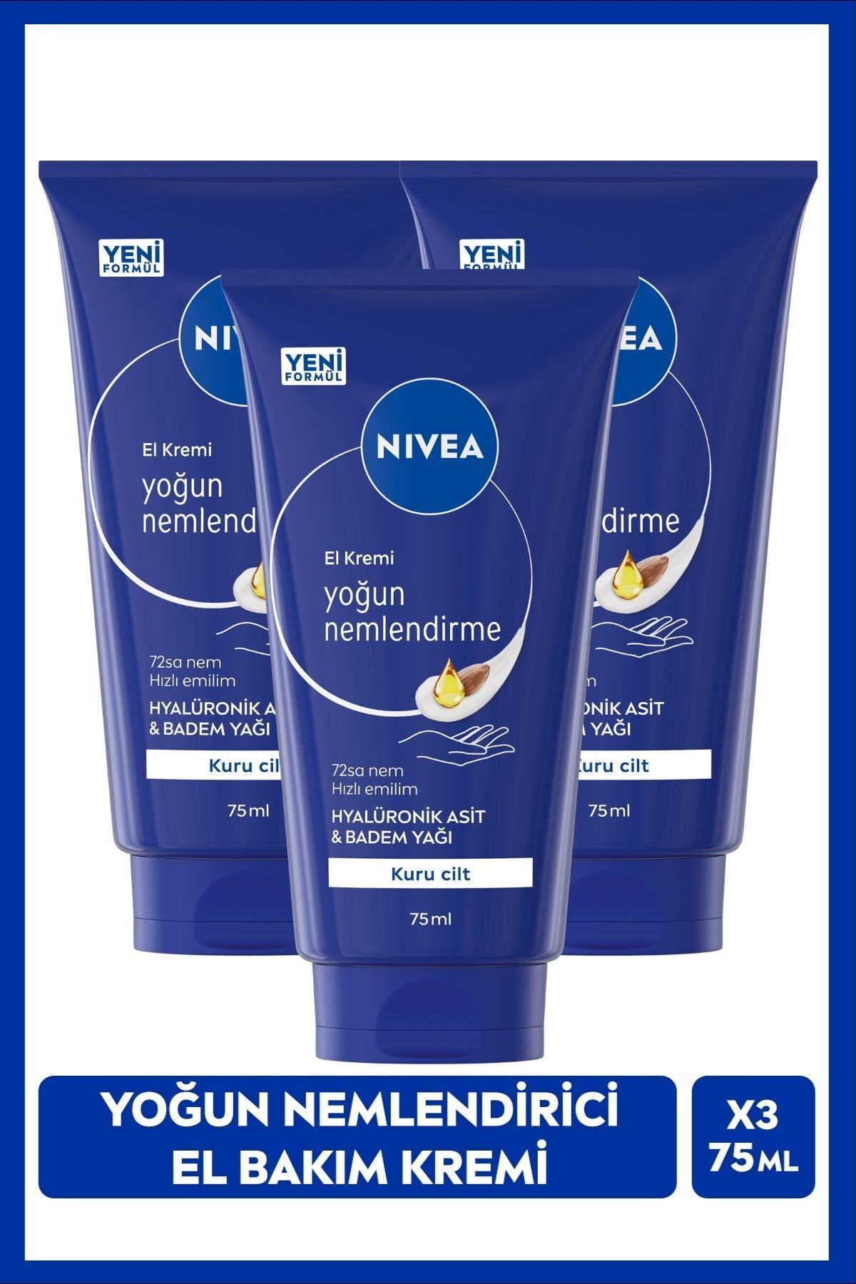 NIVEA Yoğun Nemlendirici ve Besleyici El Bakım Kremi 75ml, Doğal Badem, Shea Yağı Özü, Kuru Cilt, X3 Adet — SET.NVE.431