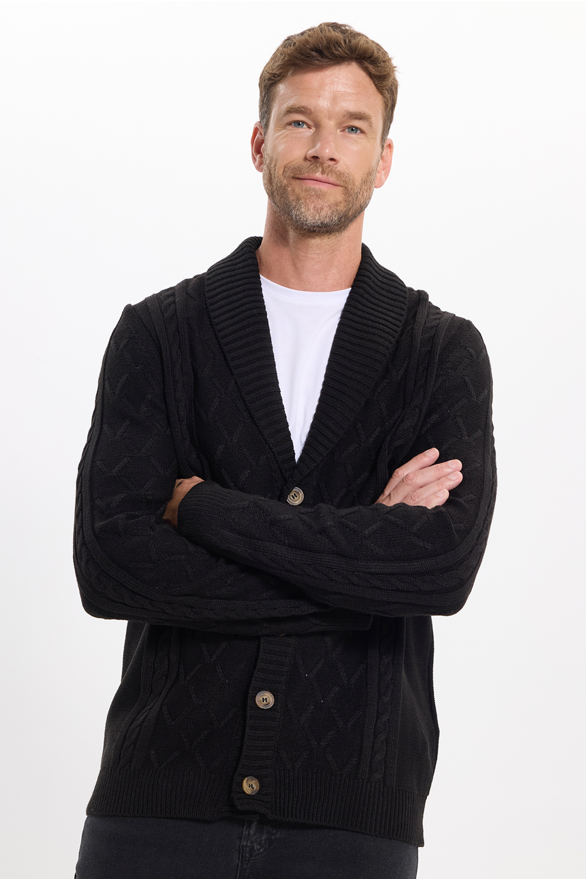 Erkek Slim Fit Dar Kesim Desenli Yumuşak Dokulu Düğmeli Siyah Hırka — مشکی HR240005-84 — تصویر 5 از 9