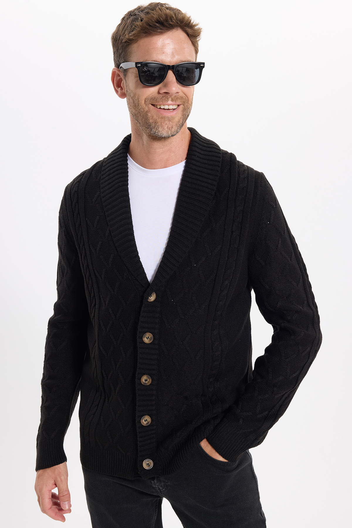 Tudors Erkek Slim Fit Dar Kesim Desenli Yumuşak Dokulu Düğmeli Siyah Hırka — مشکی HR240005-84