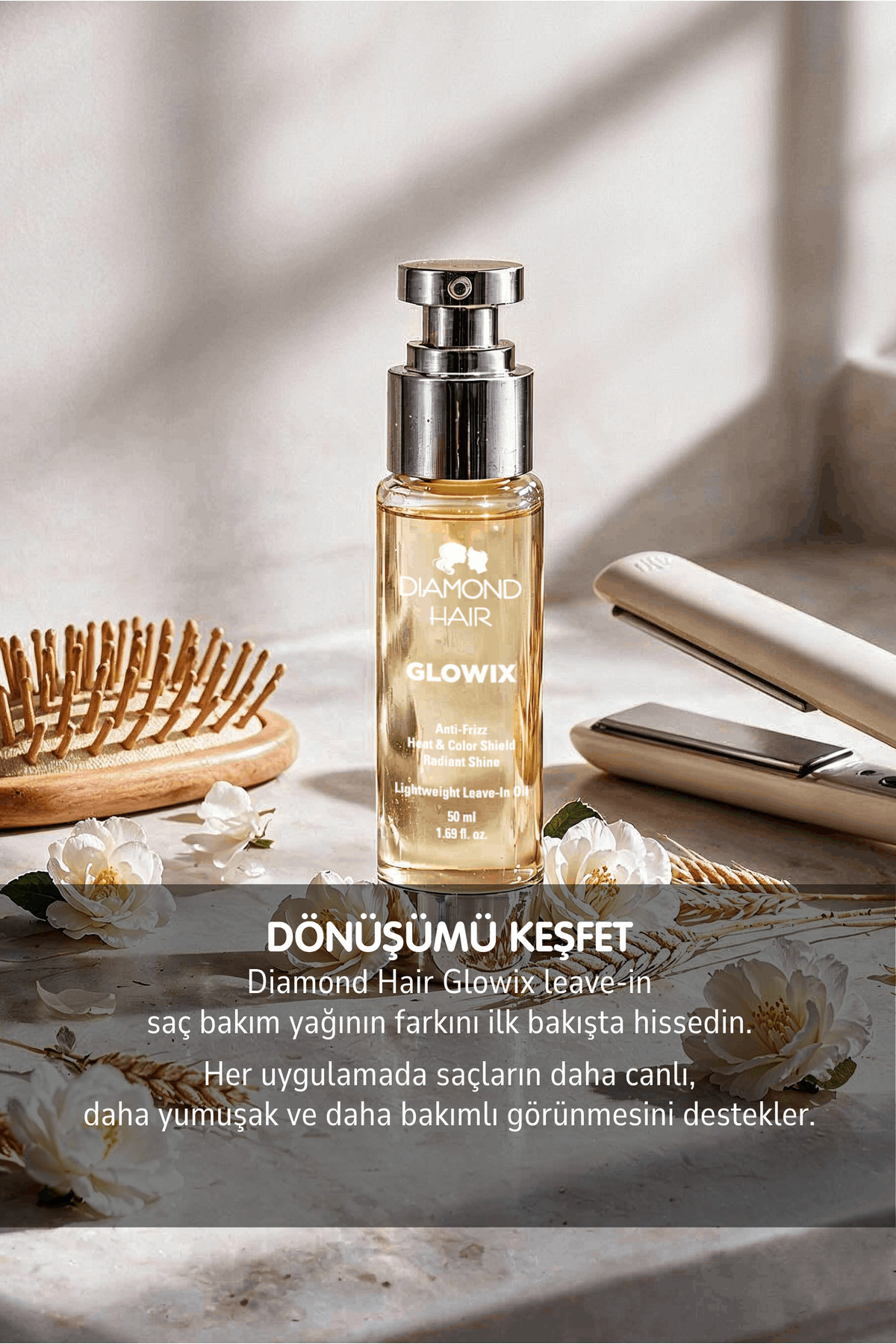 GLOWIX Durulanmayan Saç Bakım Yağı Elektriklenme Karşıtı Isı Koruyucu Pürüzsüz Parlak İpeksi Saçlar — تصویر 11 از 12