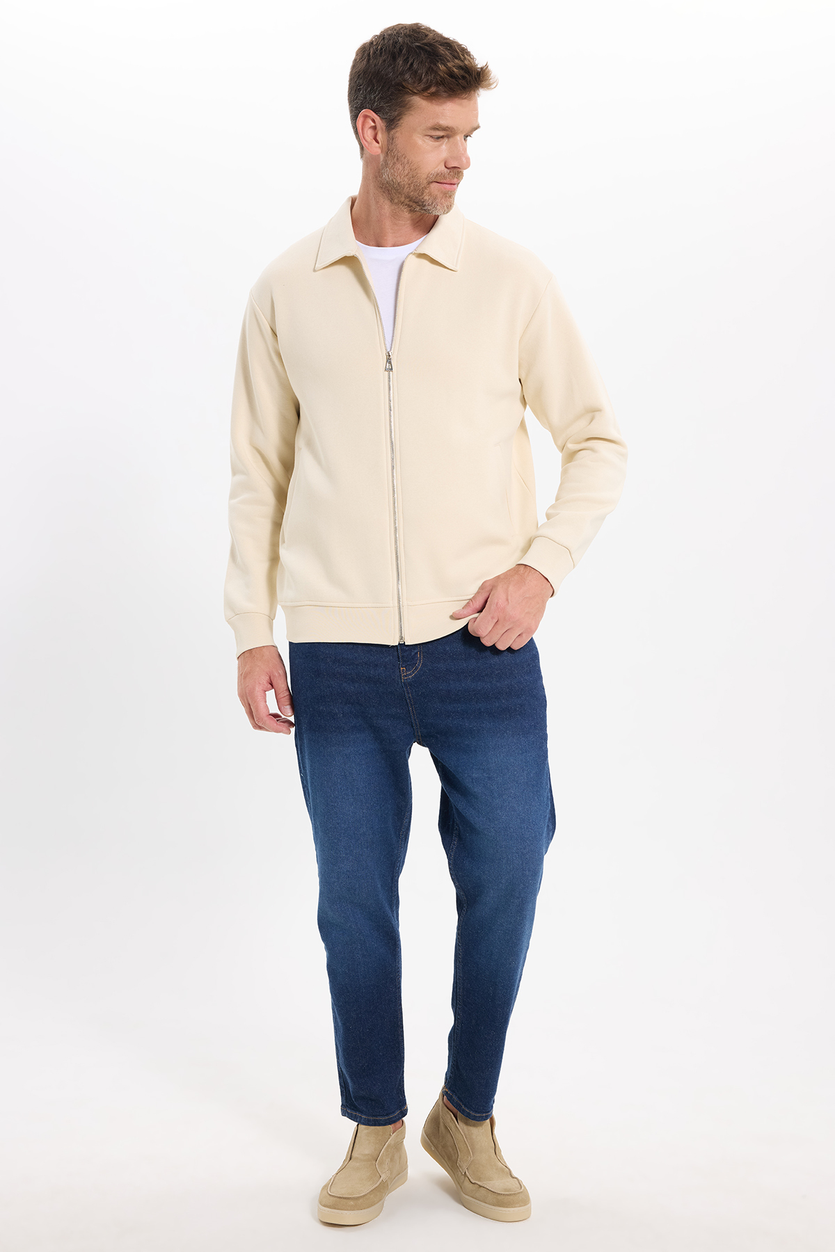Tudors Unisex Relax Fit Rahat Kesim Pamuklu İç Polarlı Fermuarlı Bej Polo Yaka Flato Cepli Sweatshirt Hırka görsel 2