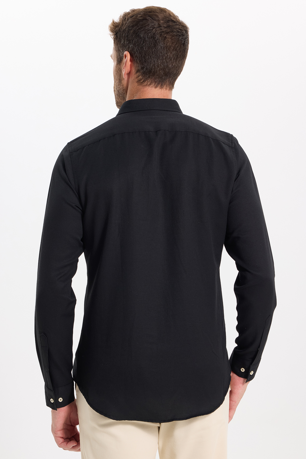 Tudors Erkek Slim Fit Dar Kesim Düz Oxford Armalı Düğmeli Yaka Siyah Spor Gömlek görsel 8