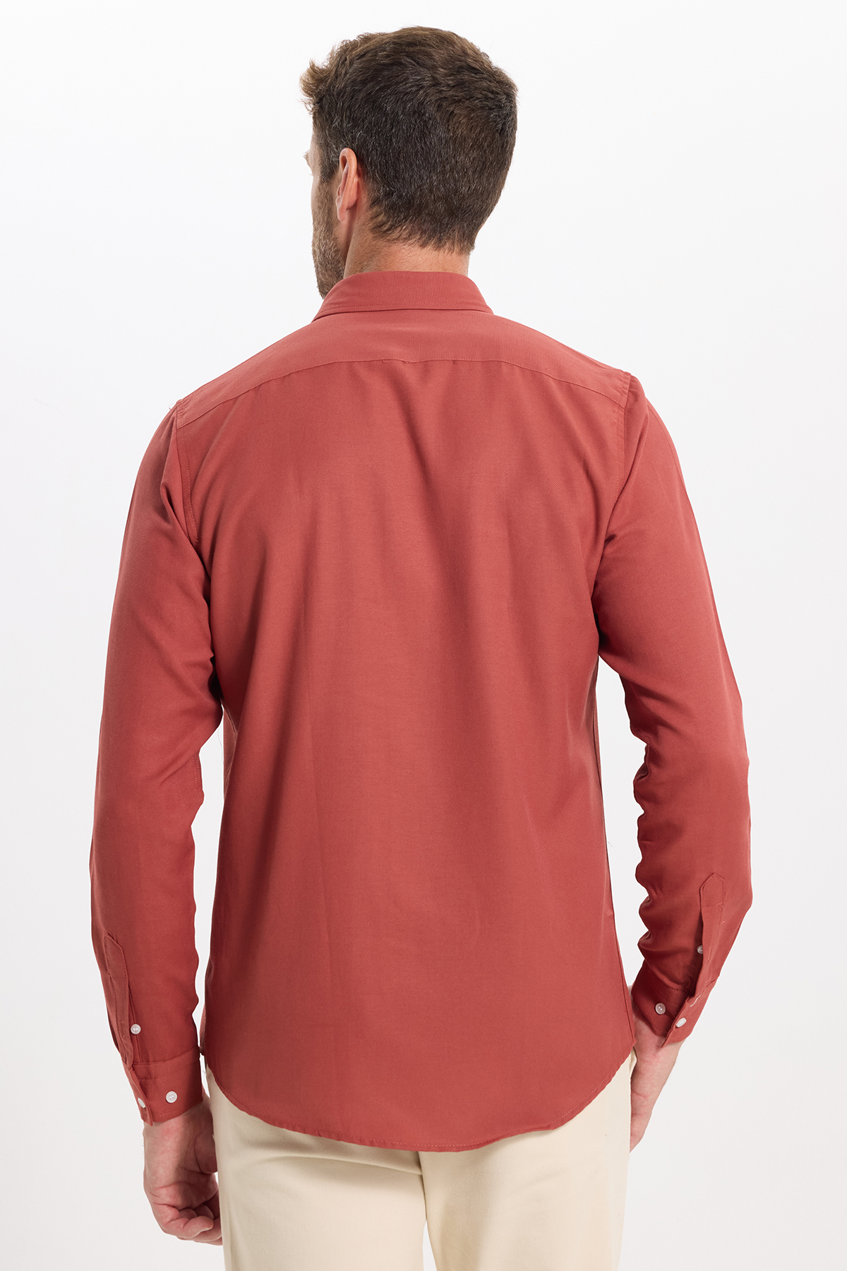 Erkek Slim Fit Dar Kesim Düz Oxford Armalı Düğmeli Yaka Kiremit Spor Gömlek — رنگارنگ DR250017 — تصویر 9 از 9