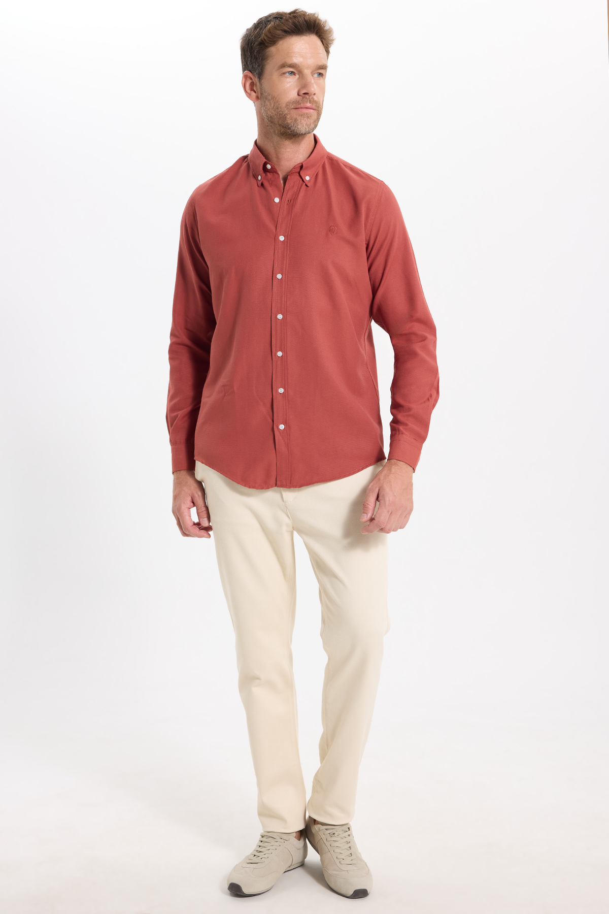 Erkek Slim Fit Dar Kesim Düz Oxford Armalı Düğmeli Yaka Kiremit Spor Gömlek — رنگارنگ DR250017 — تصویر 3 از 9