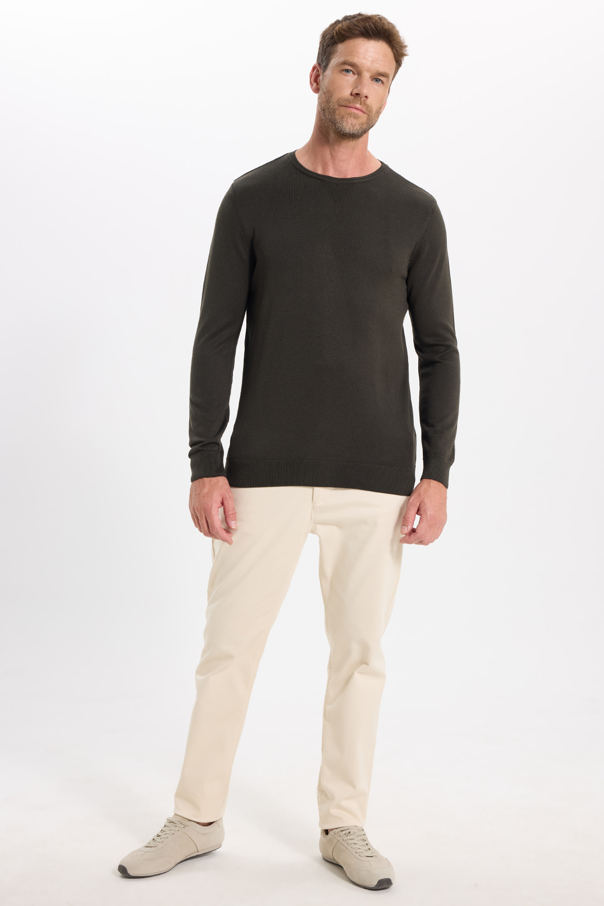 Erkek Slim Fit Dar Kesim Bisiklet Yaka Antrasit Triko Kazak — خاکستری KZ210014-02 — تصویر 3 از 9