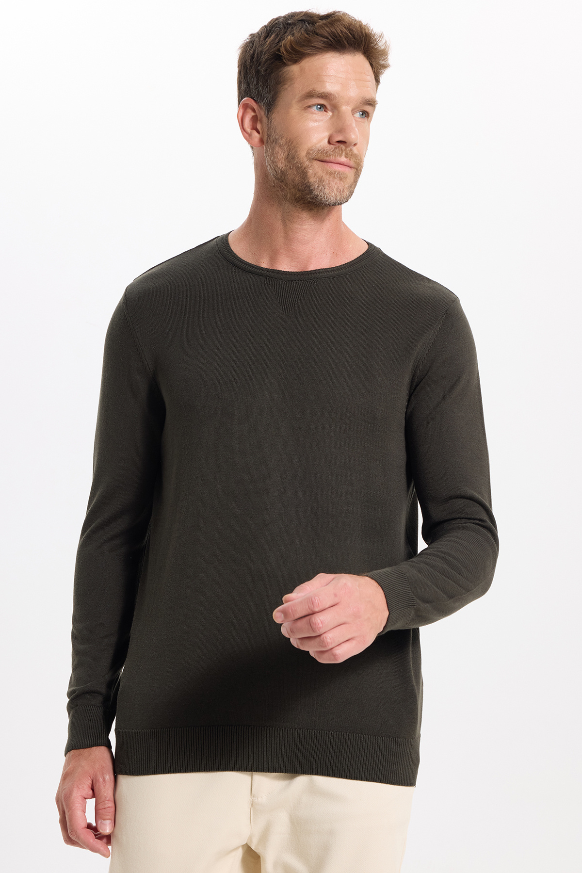 Erkek Slim Fit Dar Kesim Bisiklet Yaka Antrasit Triko Kazak — خاکستری KZ210014-02 — تصویر 6 از 9
