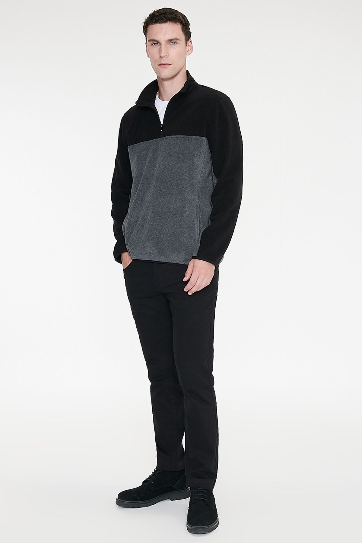 AC&Co / Altınyıldız Classics Erkek Siyah-Açık Melanj Anti-Pilling Tüylenme Yapmayan Standart Fit Dik Yaka Polar Sweatshirt görsel 2