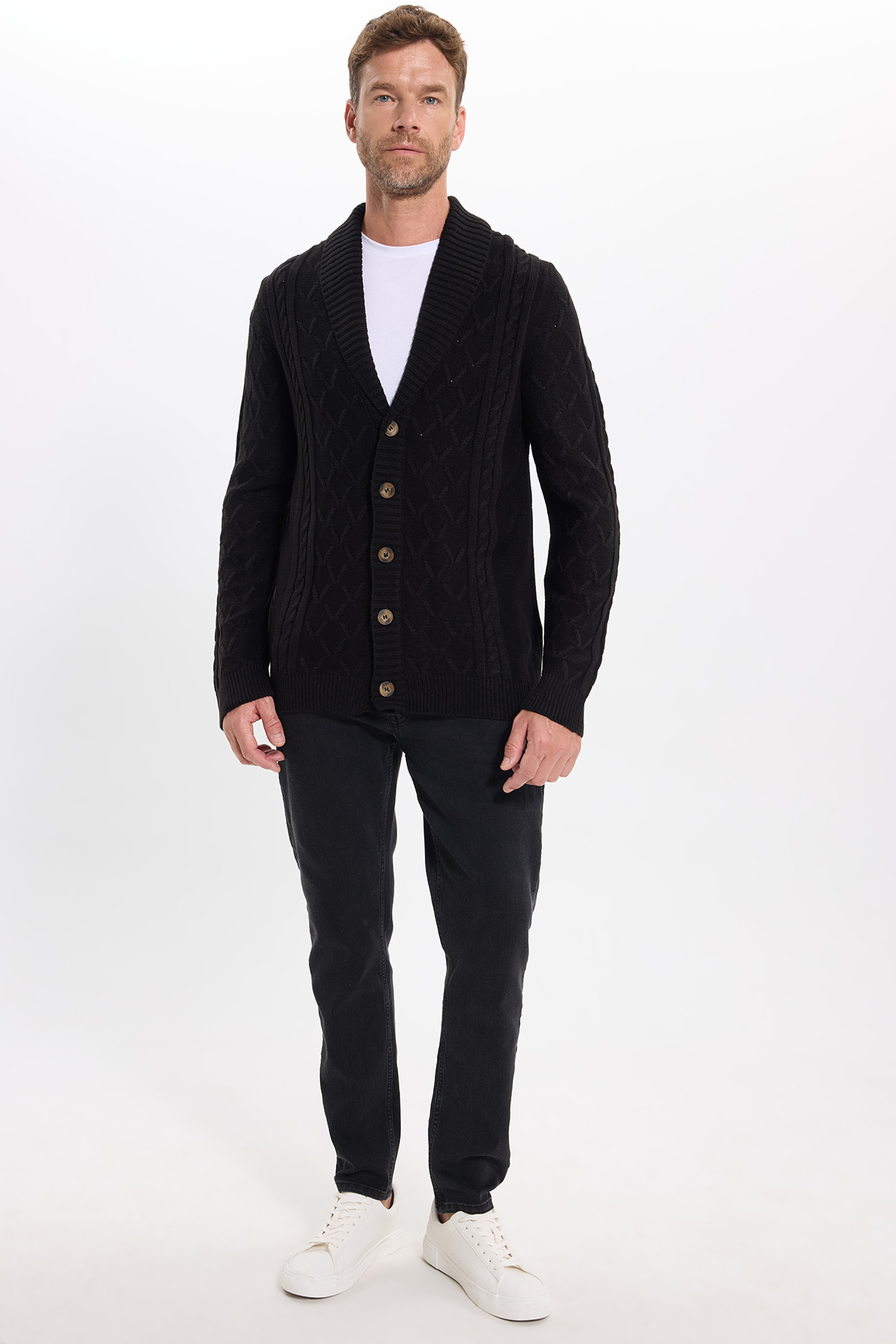 Erkek Slim Fit Dar Kesim Desenli Yumuşak Dokulu Düğmeli Siyah Hırka — مشکی HR240005-84 — تصویر 3 از 9