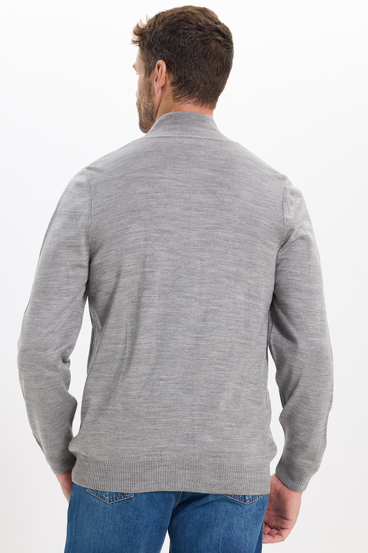 Tudors Erkek Slim Fit Dar Kesim Açık Gri Dik Yaka Fermuarlı Düz Hırka görsel 8