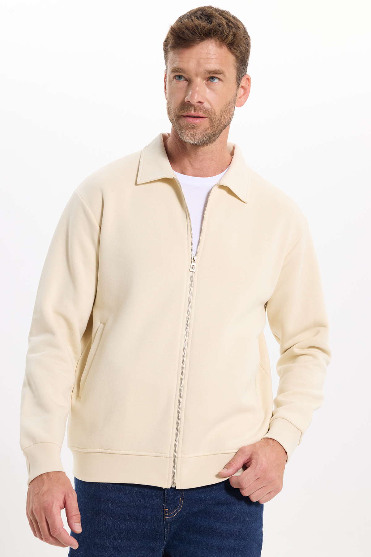 Tudors Unisex Relax Fit Rahat Kesim Pamuklu İç Polarlı Fermuarlı Bej Polo Yaka Flato Cepli Sweatshirt Hırka görsel 3