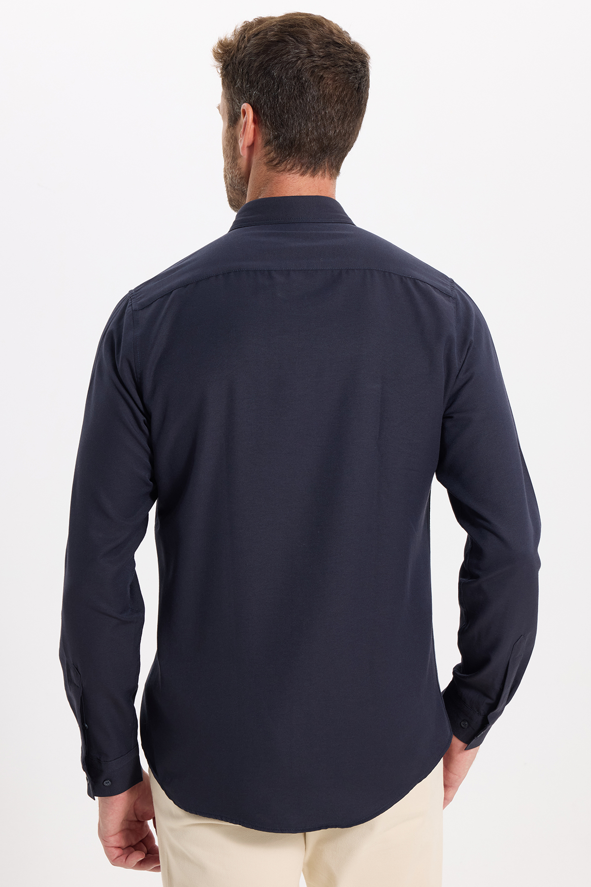 Tudors Erkek Slim Fit Dar Kesim Uzun Kollu Pamuklu Oxford Doku Kolay Ütülenebilir Lacivert Düğmeli Yaka Gömlek görsel 8