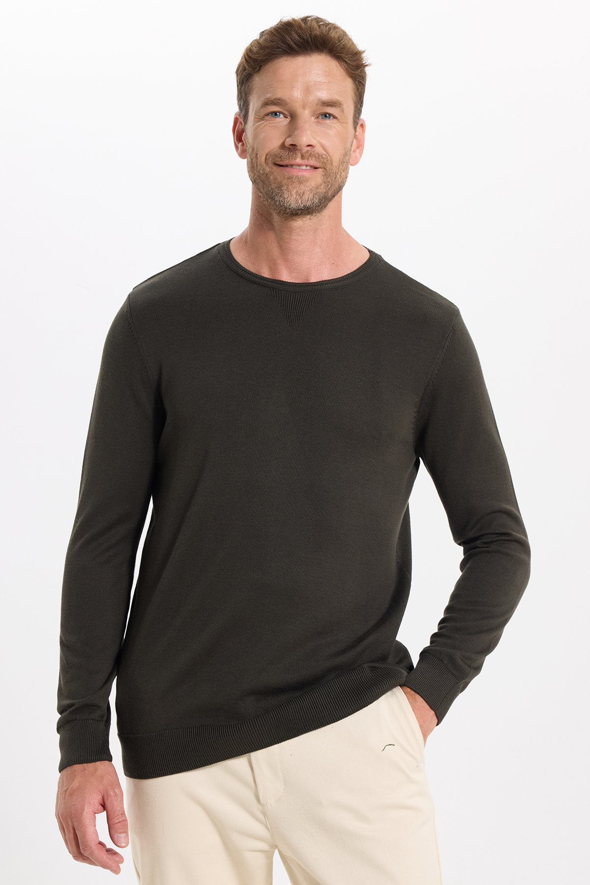 Erkek Slim Fit Dar Kesim Bisiklet Yaka Antrasit Triko Kazak — خاکستری KZ210014-02 — تصویر 7 از 9