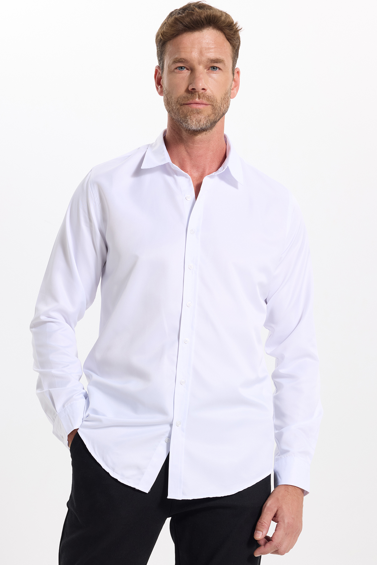 Slim Fit Uzun Kollu Kolay Ütülenebilir Ter Konforu Sağlayan Kravatlık Dört Mevsim Beyaz Erkek Gömlek