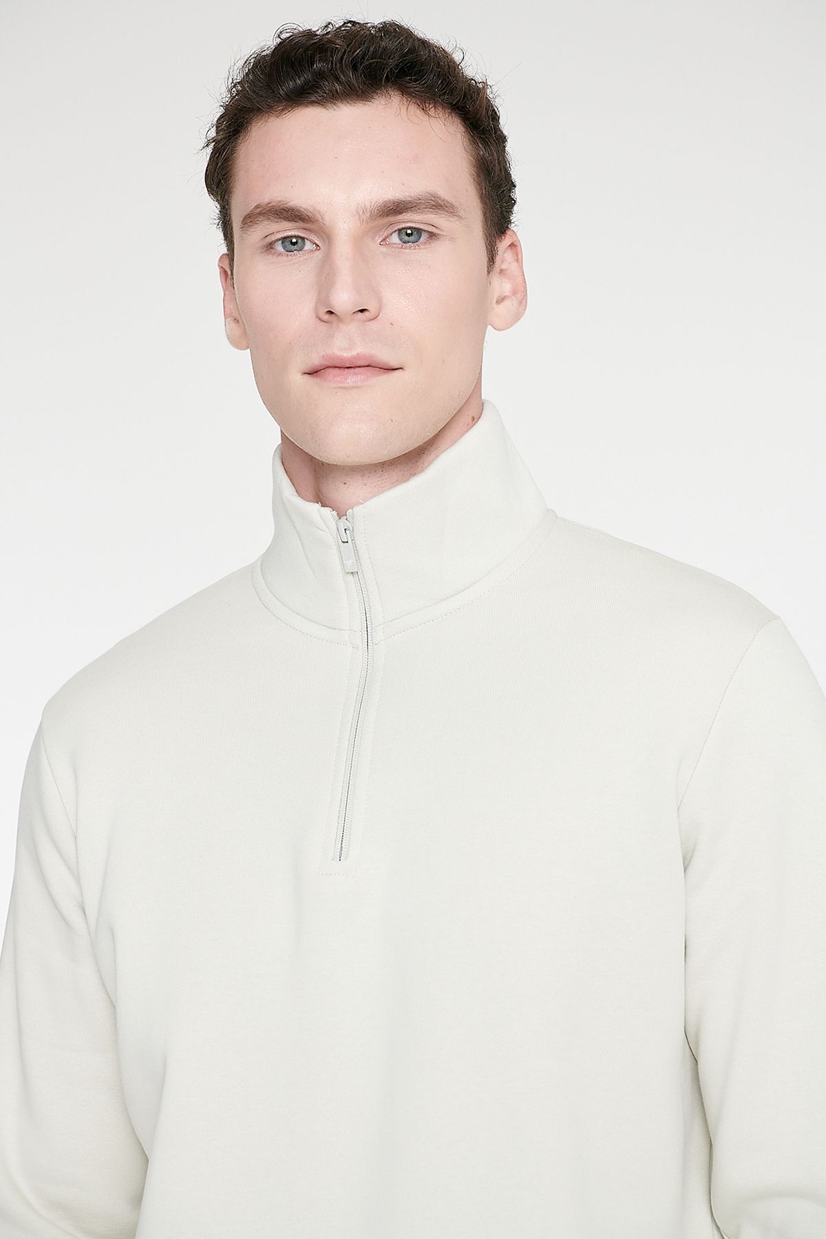 AC&Co / Altınyıldız Classics Erkek Bej İçi Polarlı Standart Fit Normal Kesim Fermuarlı Dik Bato Yaka Pamuklu Sweatshirt görsel 5