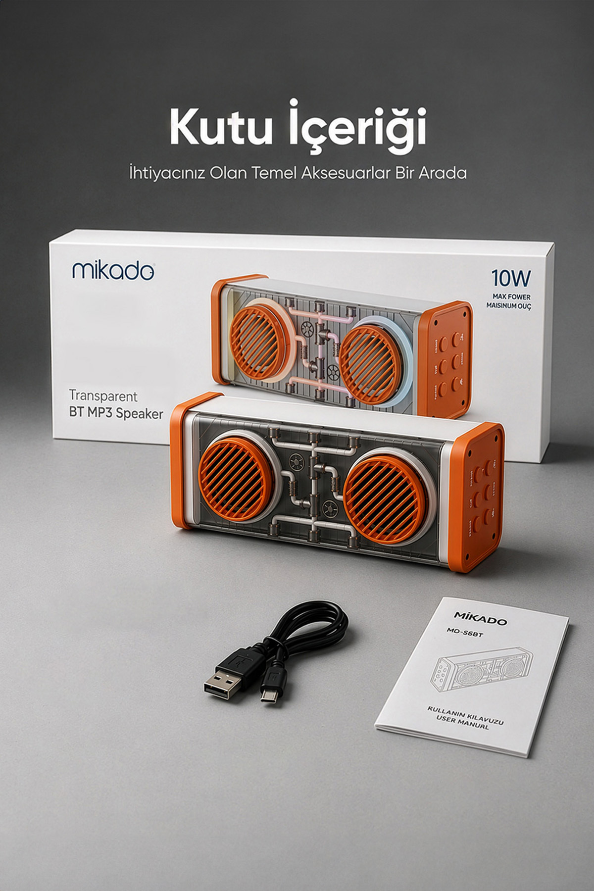 MD-56BT Turuncu Beyaz AUX + USB + Bluetooth Destekli 10W 1500mAh Taşınabilir Speaker 5