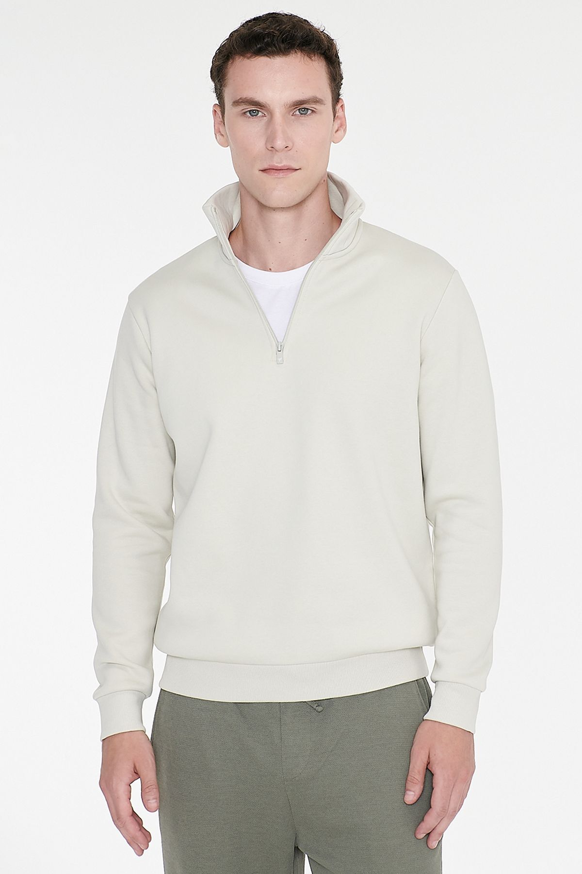 AC&Co / Altınyıldız Classics Erkek Bej İçi Polarlı Standart Fit Normal Kesim Fermuarlı Dik Bato Yaka Pamuklu Sweatshirt görsel 3