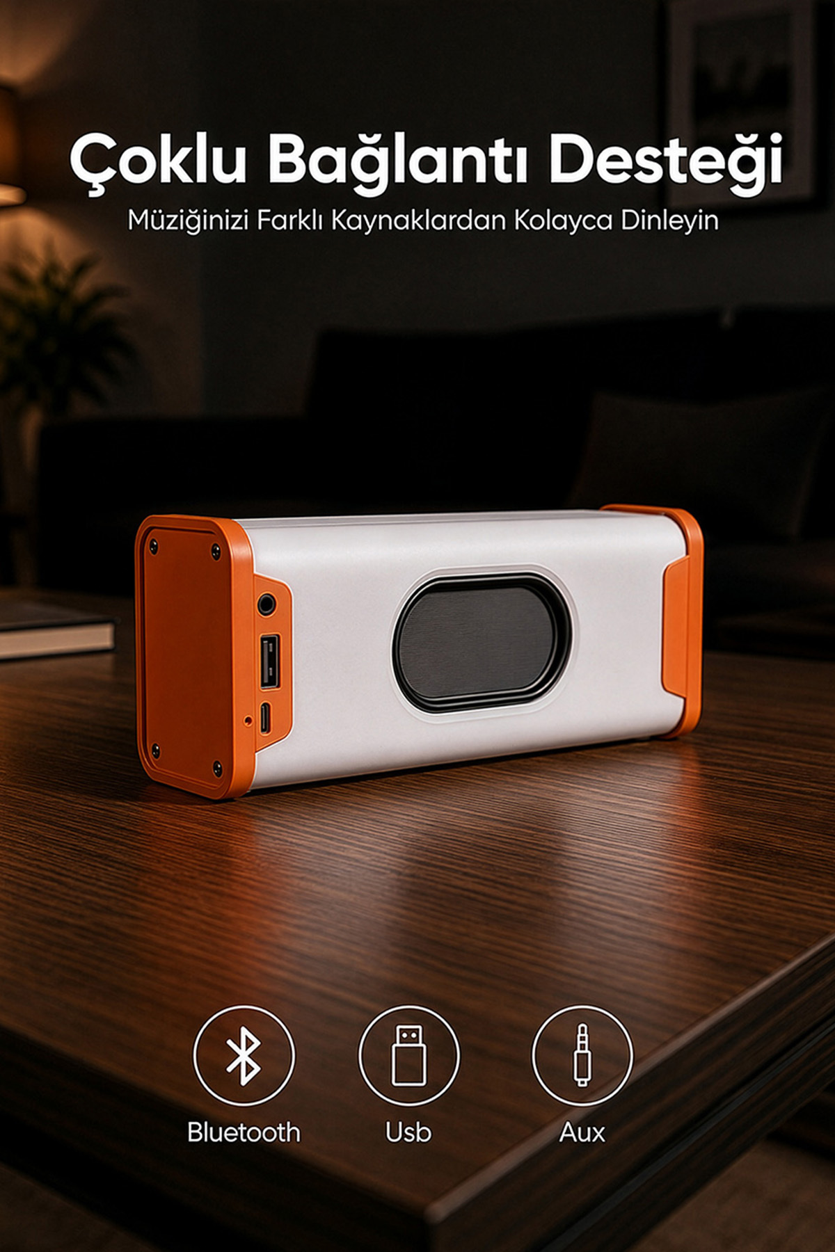 MD-56BT Turuncu Beyaz AUX + USB + Bluetooth Destekli 10W 1500mAh Taşınabilir Speaker 3