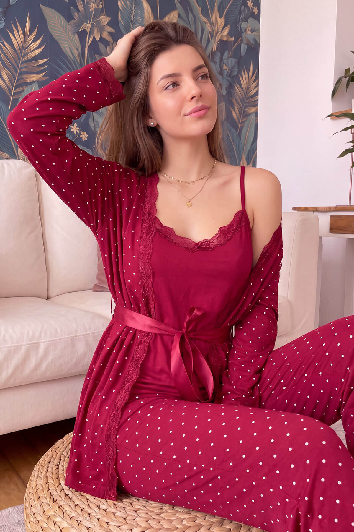 Pijamaevi Burgundy Mini-Polka-Dot Bamboo Robe Women's Pajama Set