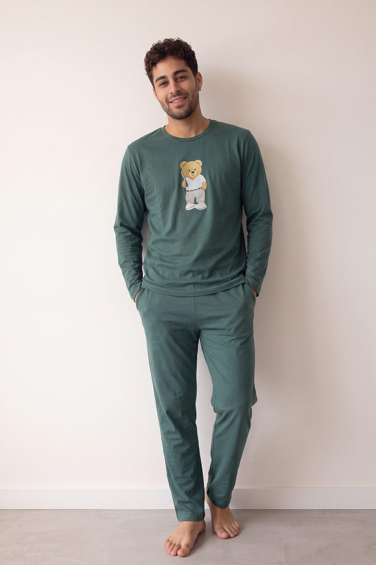 Pijamaevi Yeşil Bear Desenli Stylish Erkek Uzun Kol Pijama Takımı görsel 6