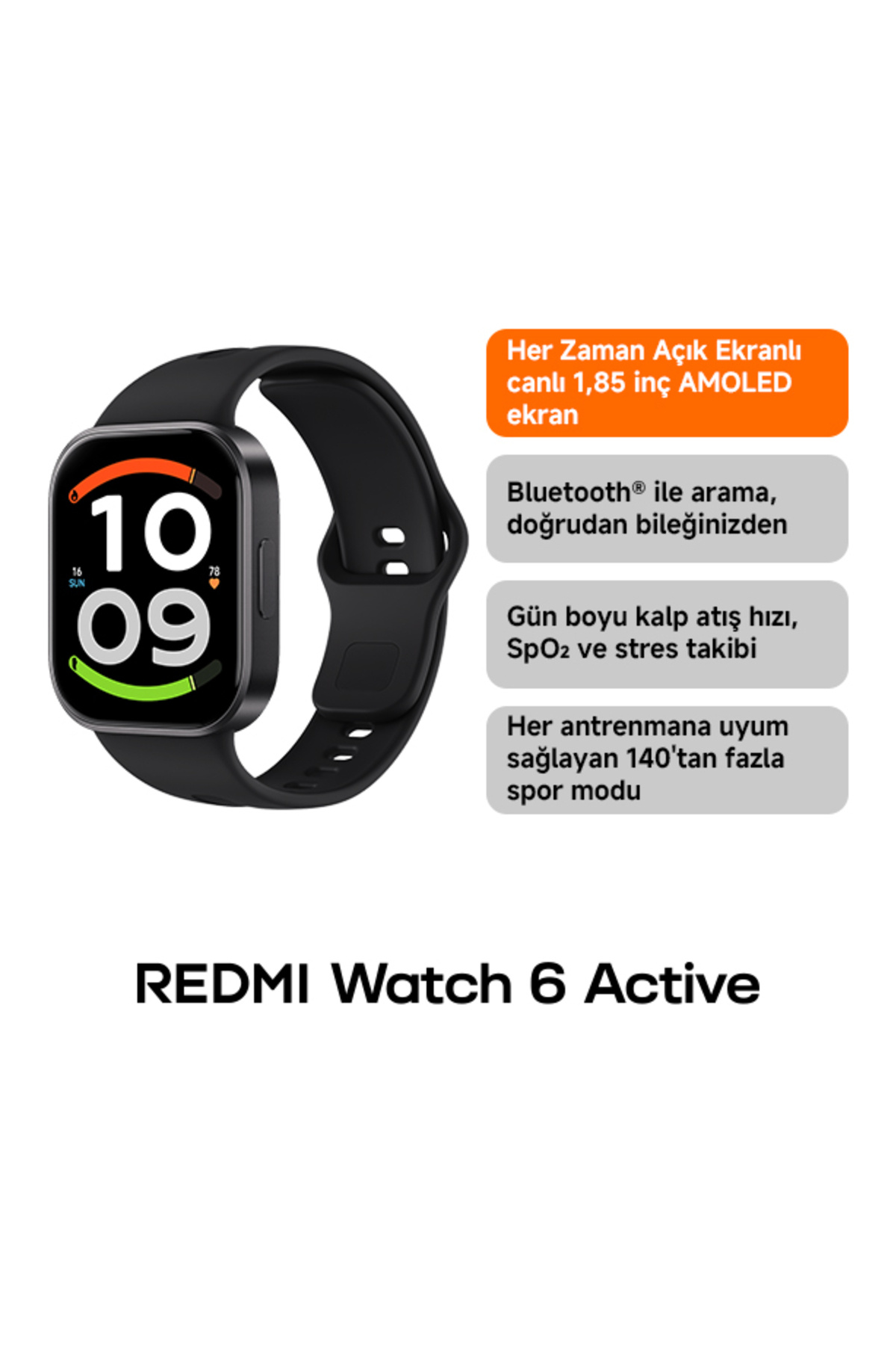 Xiaomi REDMI Watch 6 Active Gece Yarısı Siyahı 1.85\" AMOLED 18 günlük pil ömrü (Xiaomi Türkiye Garantili)