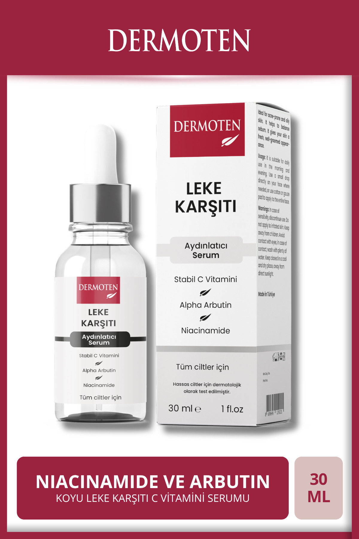 Dermoten Leke Karşıtı Cilt Aydınlatıcı, Arbutin, Niacinamide serum Ve C Vitamini serum 30 ml — 8699649122970
