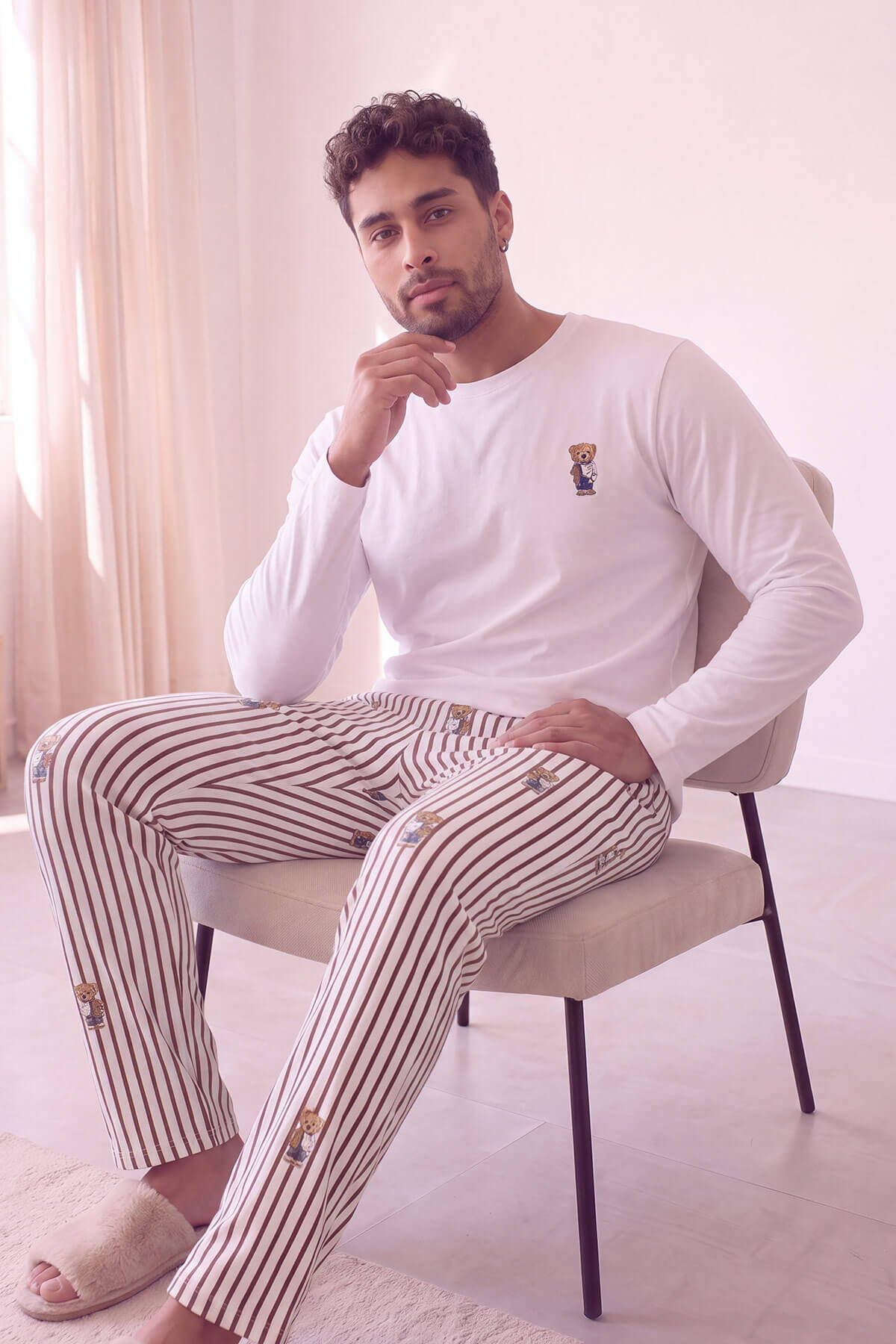 Pijamaevi Beyaz Bear Desenli Stylish Erkek Uzun Kol Pijama Takımı görsel 4