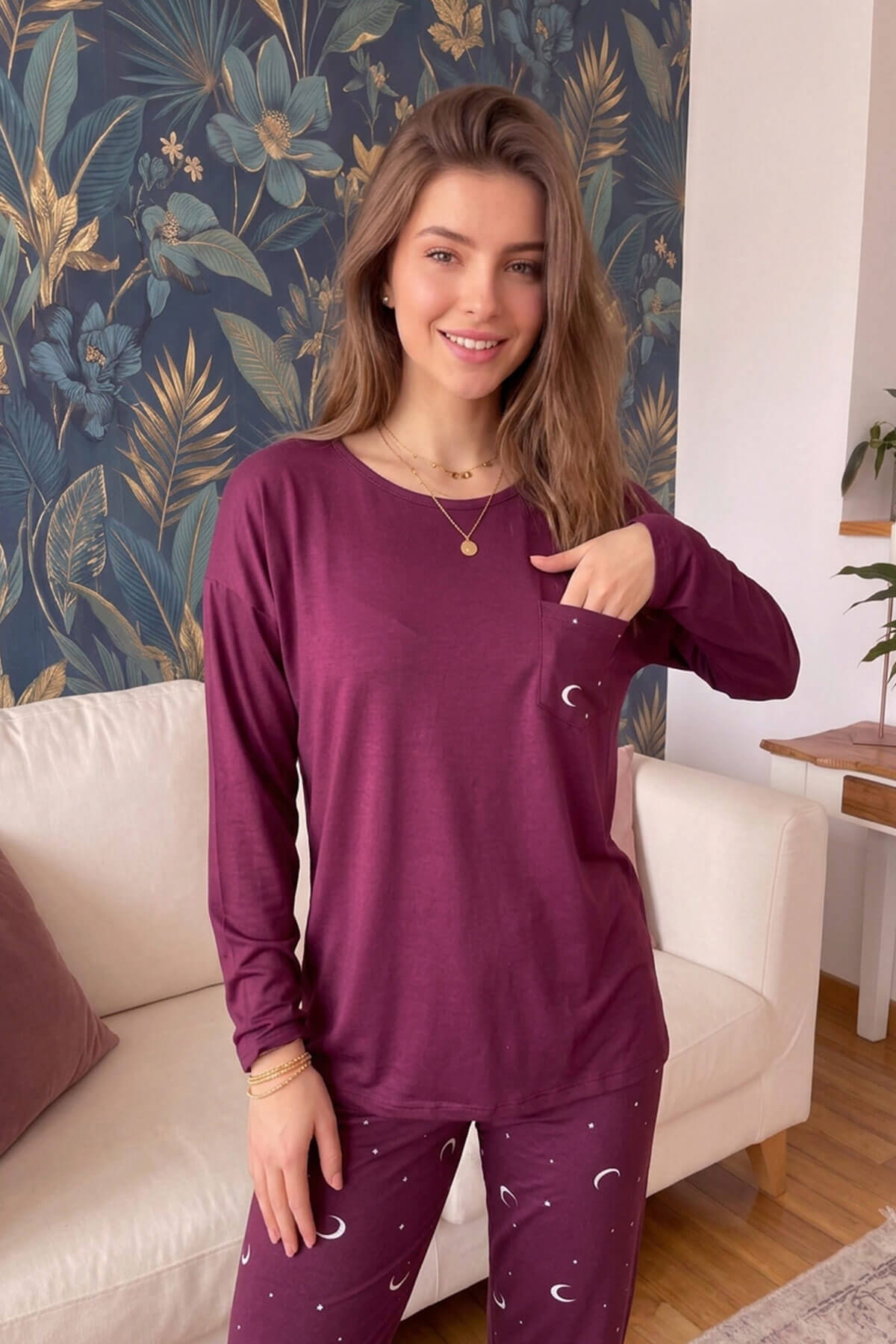 Pijamaevi Mürdüm Ay Yıldız Desenli Bambu Uzun Kol Kadın Pijama Takımı görsel 7